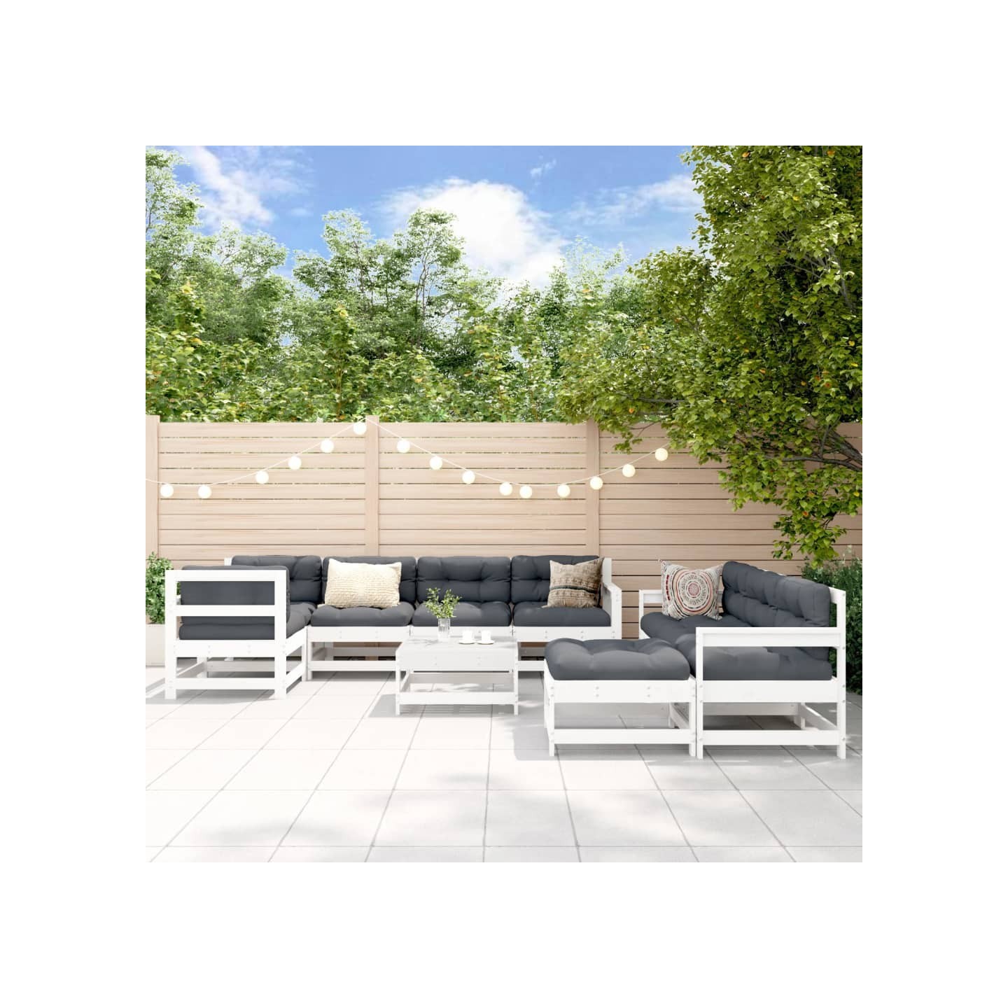 Salon de jardin 10 pcs avec coussins blanc bois massif