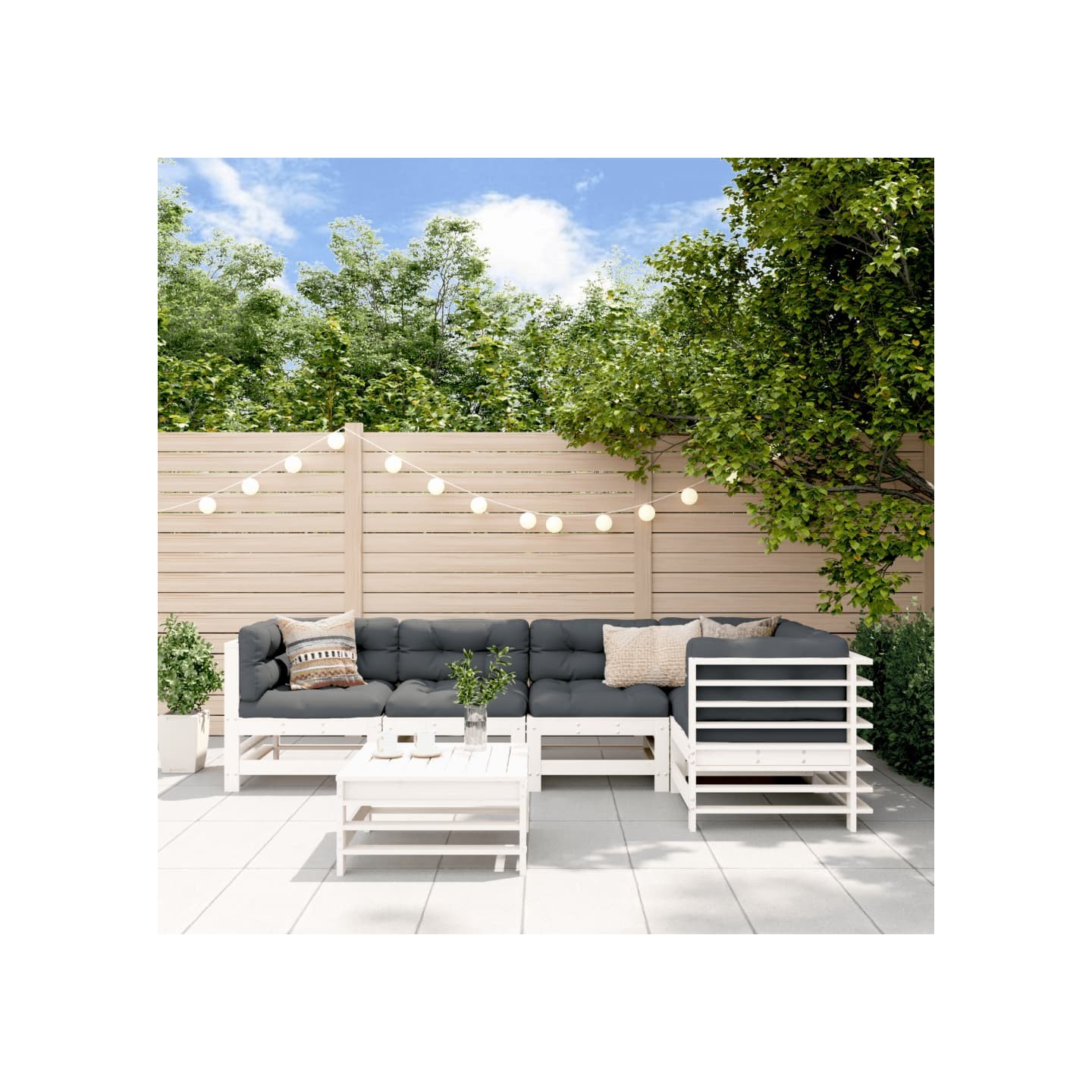 Salon de jardin 6 pcs avec coussins blanc bois massif