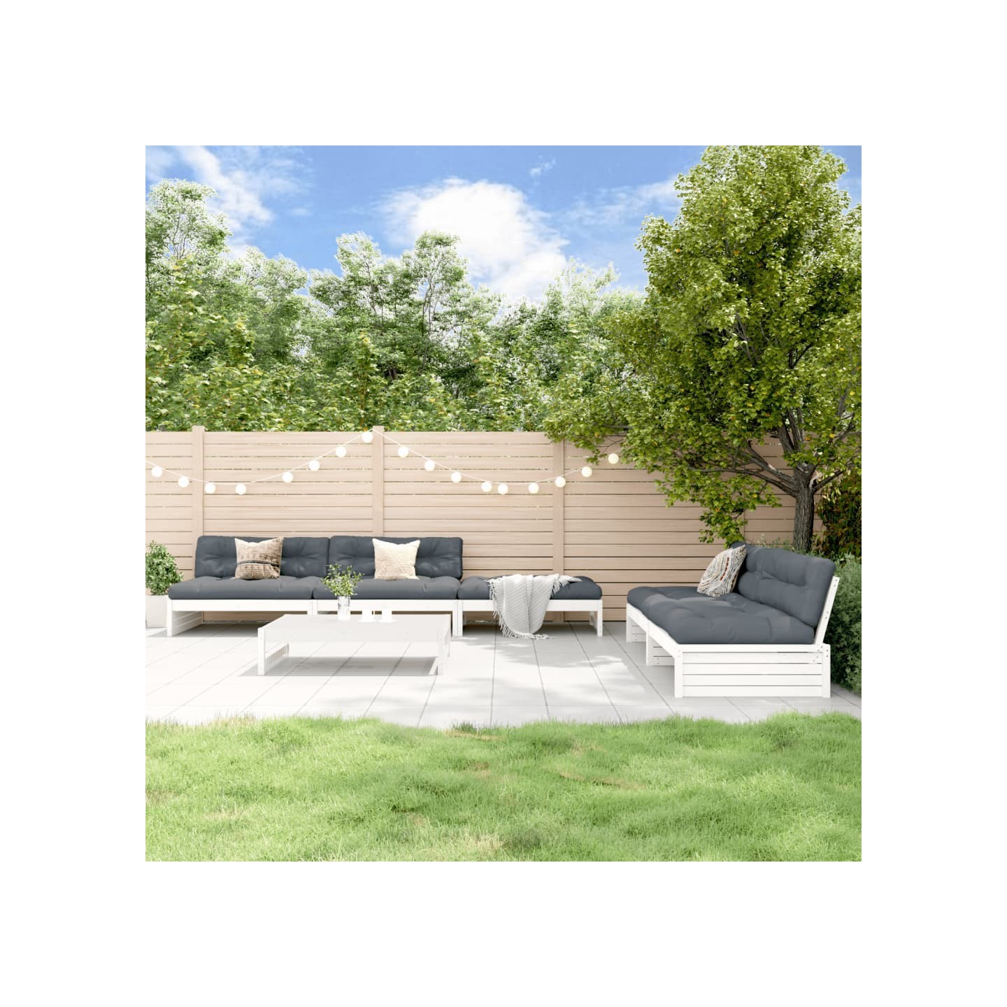 Salon de jardin 6 pcs avec coussins blanc bois massif