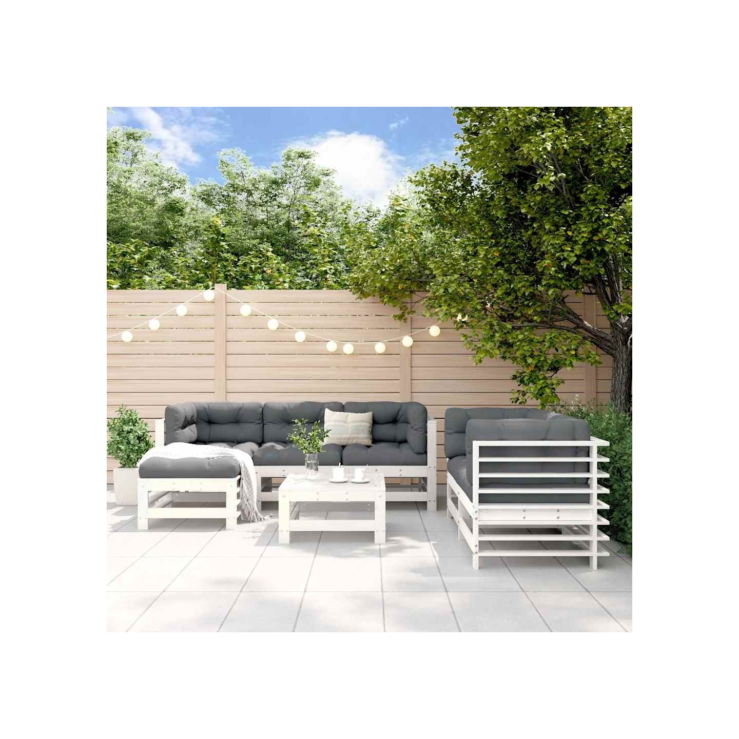 Salon de jardin 7 pcs Blanc Bois de pin massif