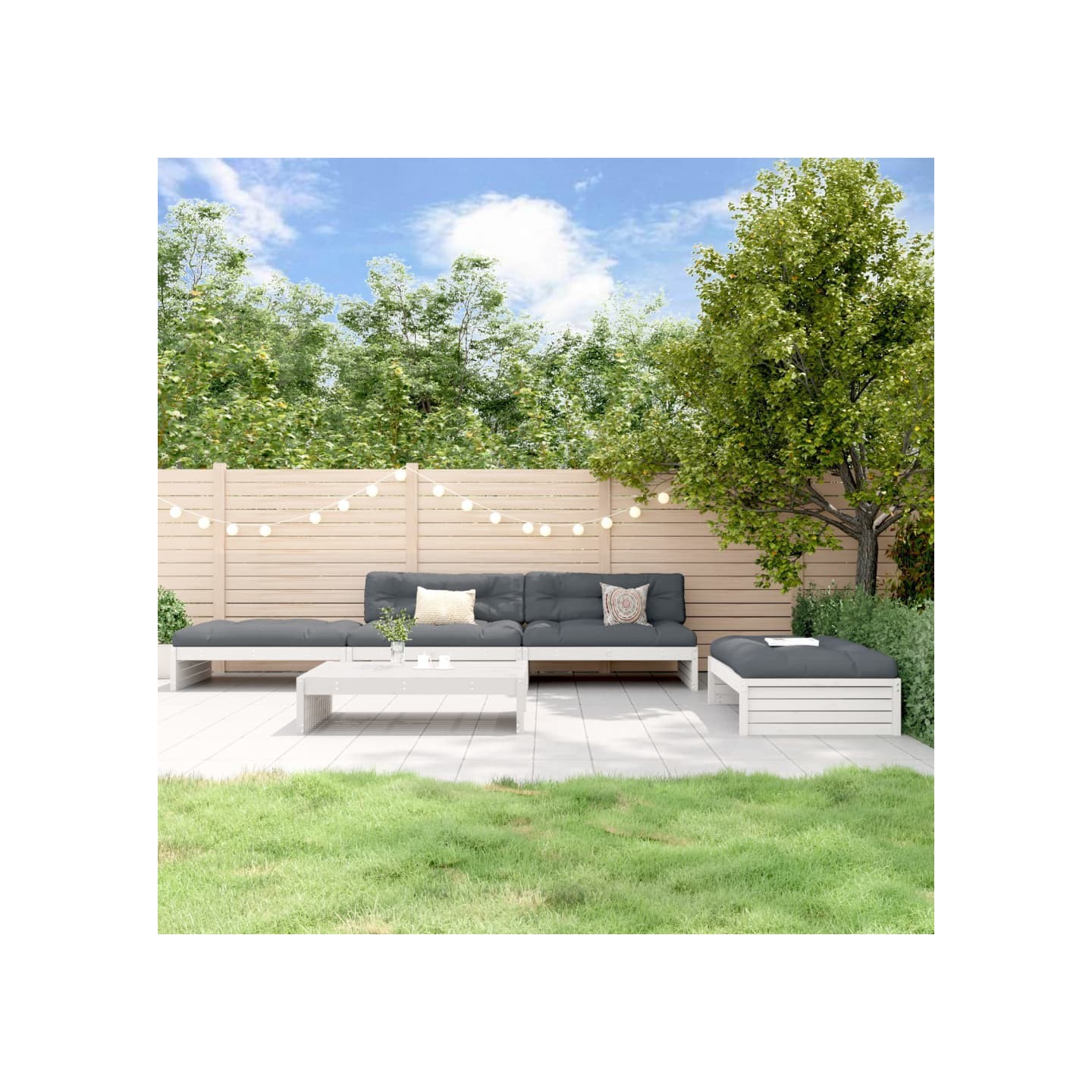 Salon de jardin 5 pcs avec coussins blanc bois massif