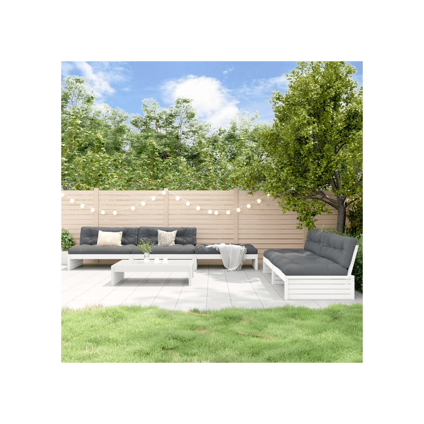 Salon de jardin 6 pcs avec coussins blanc bois massif