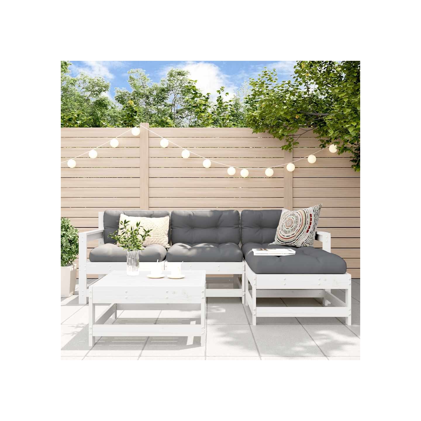 Salon de jardin 5 pcs blanc bois massif de pin