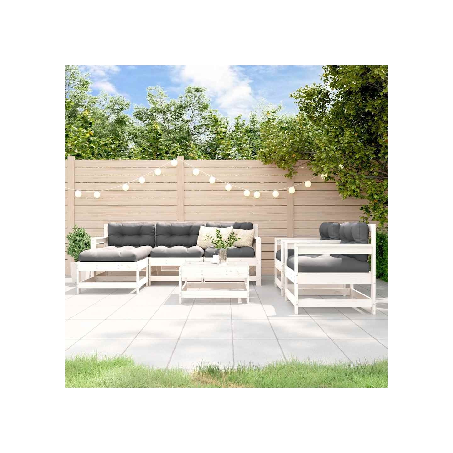 Salon de jardin 7 pcs Blanc Bois de pin massif