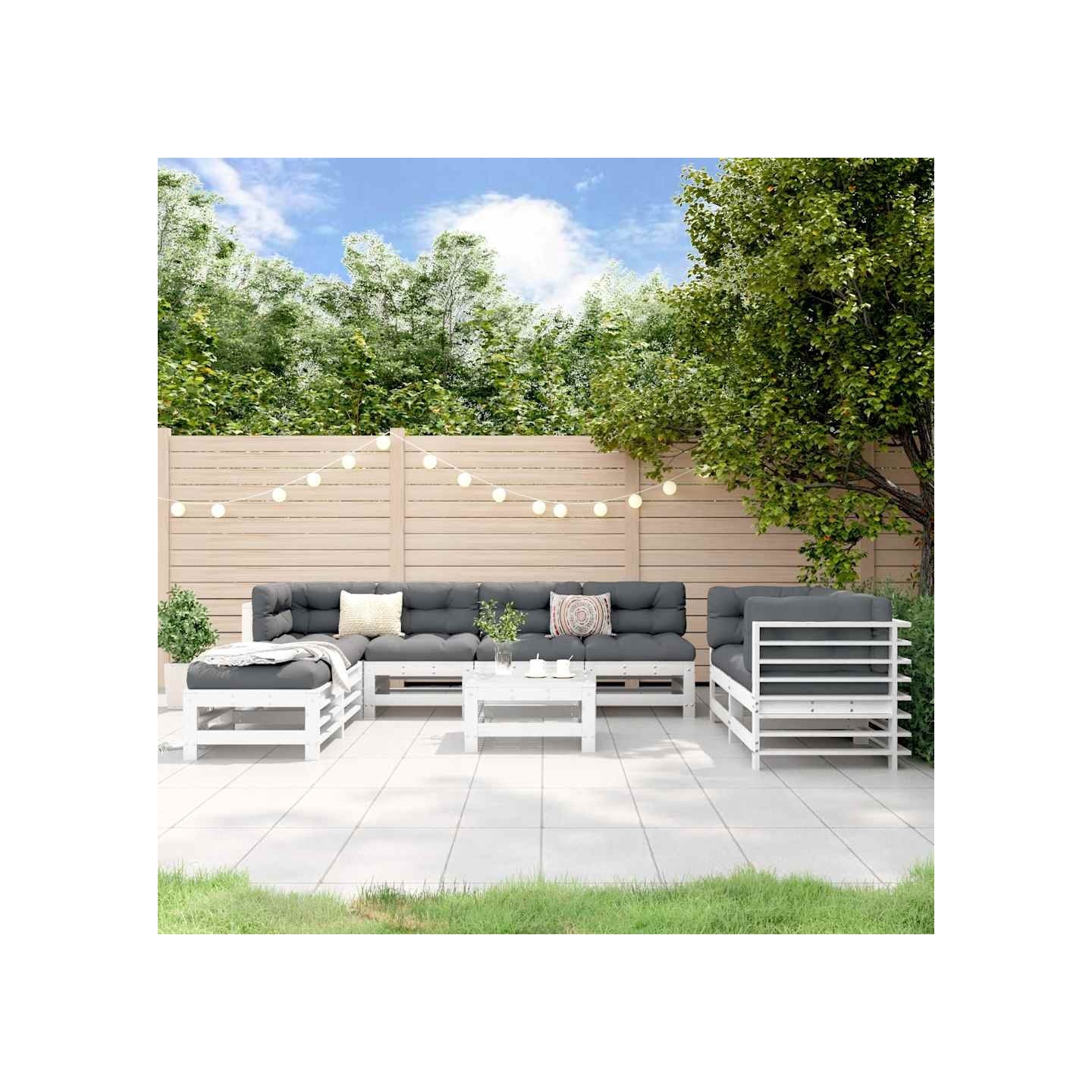 Salon de jardin 9 pcs Blanc Bois de pin massif