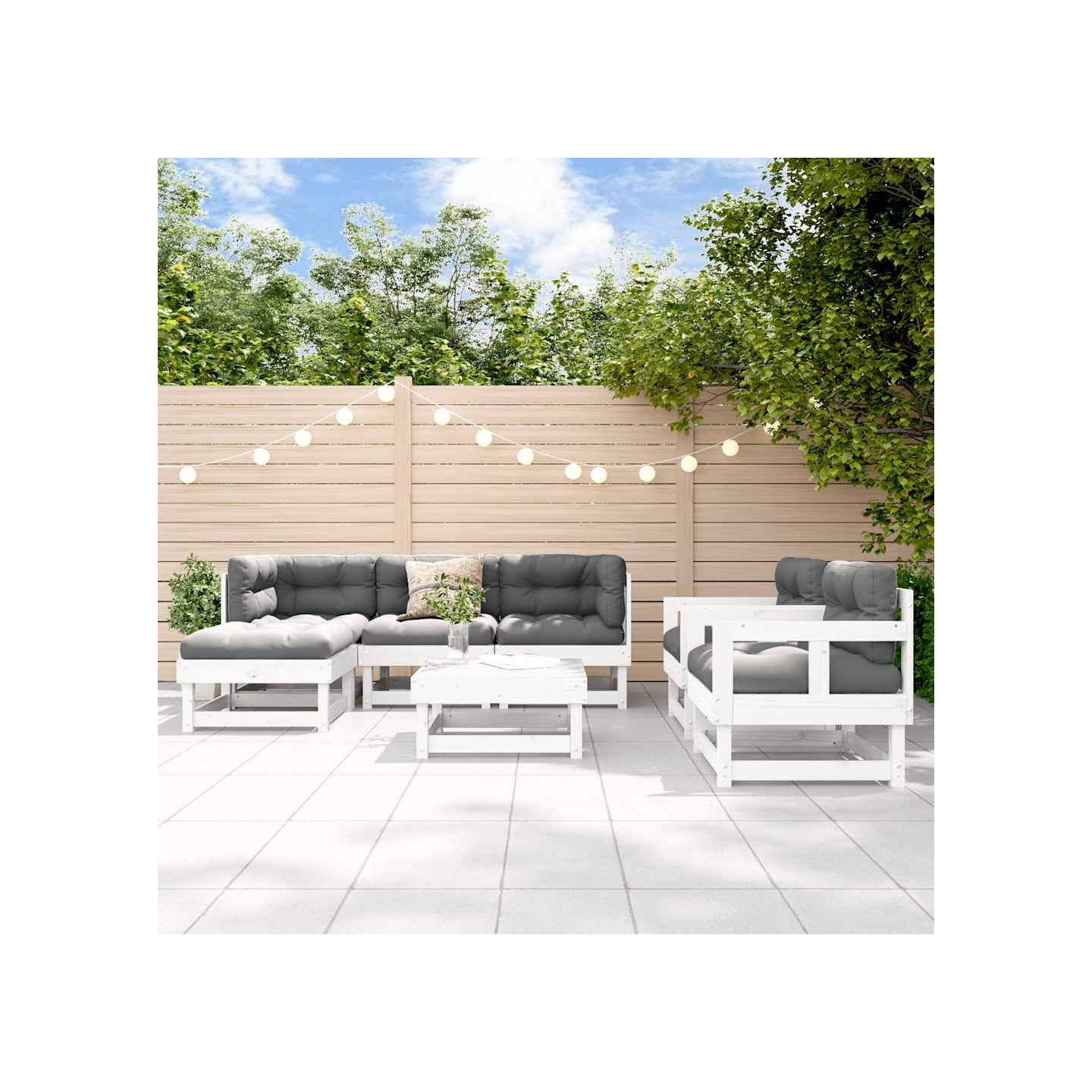 Salon de jardin 7 pcs Blanc Bois de pin massif