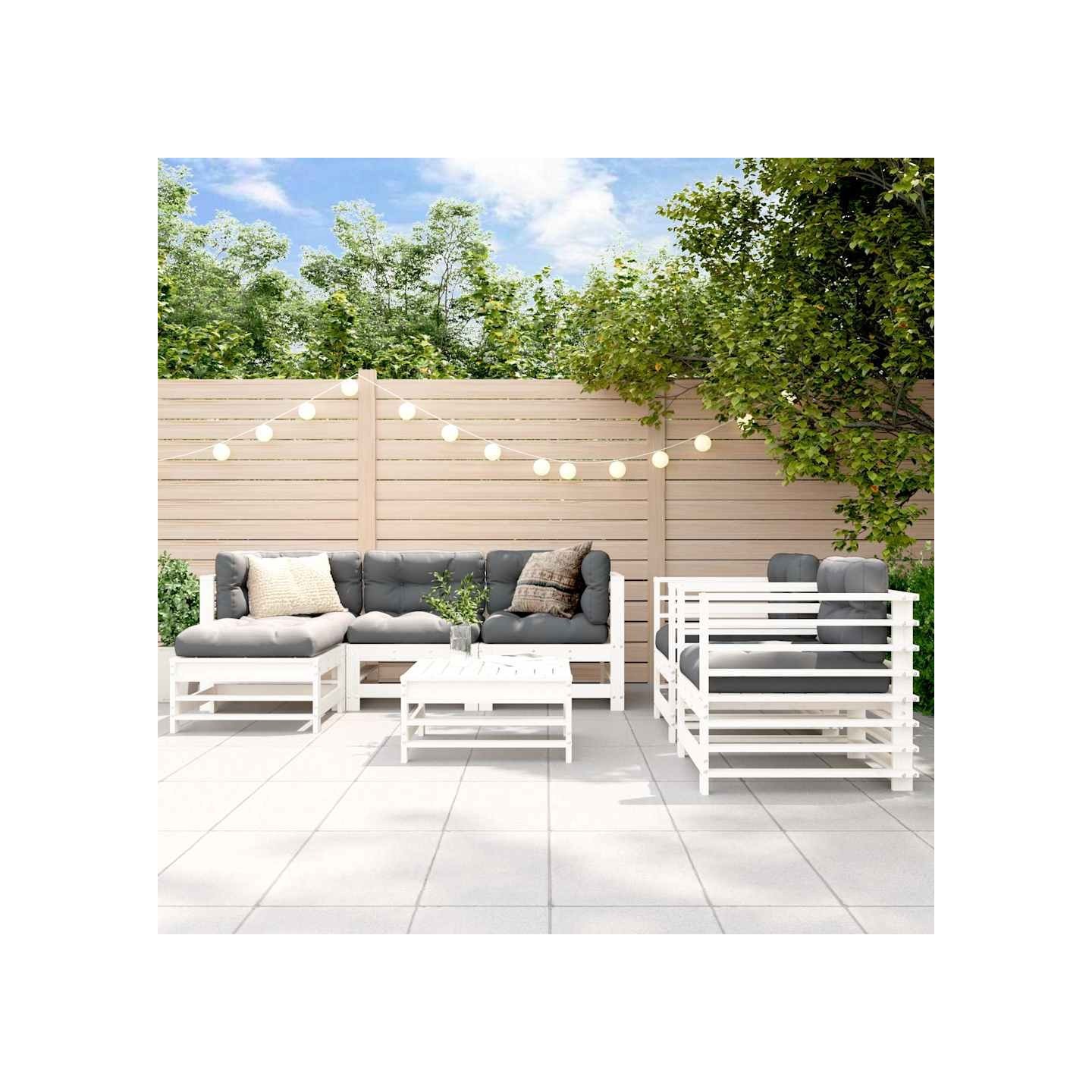 Salon de jardin 7 pcs Blanc Bois de pin massif