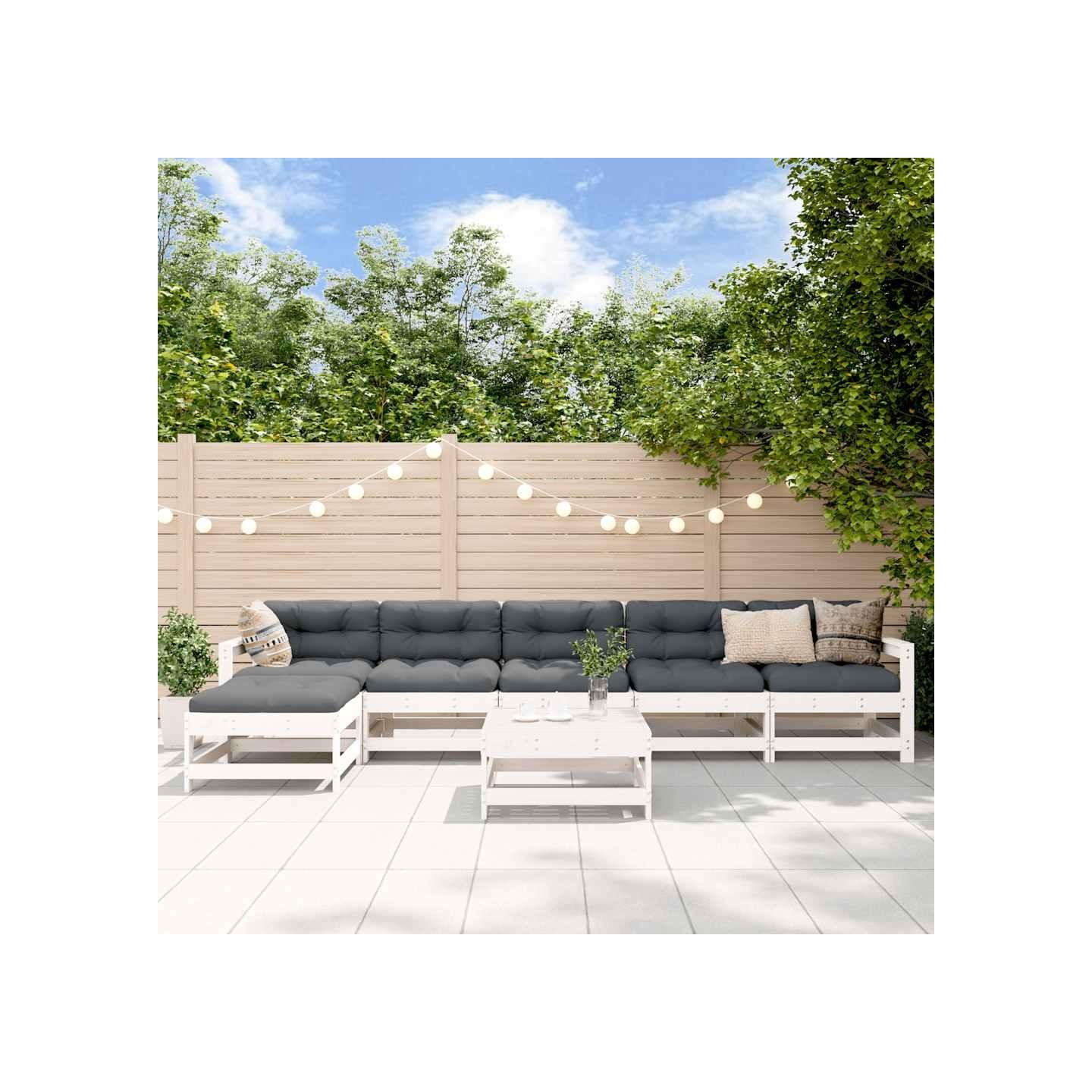 Salon de jardin 7 pcs Blanc Bois de pin massif