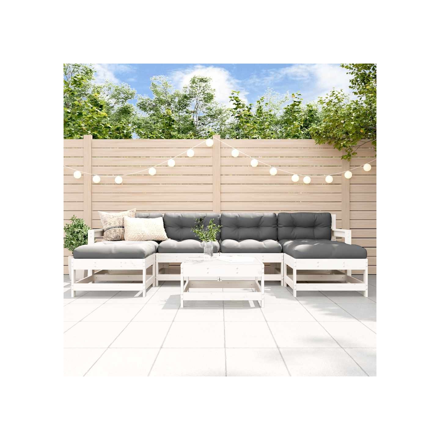 Salon de jardin 7 pcs Blanc Bois de pin massif