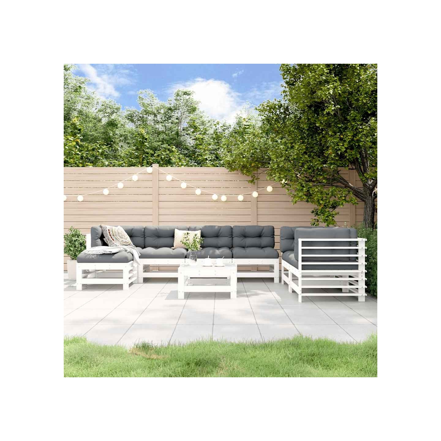 Salon de jardin 8 pcs Blanc Bois de pin massif