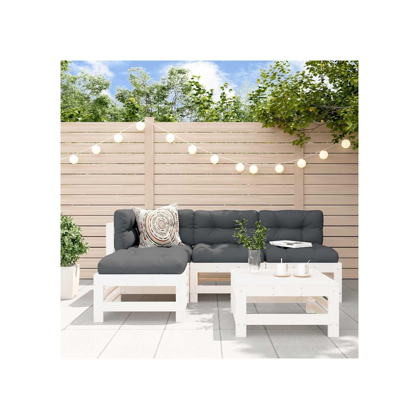 Salon de jardin 5 pcs blanc bois massif de pin