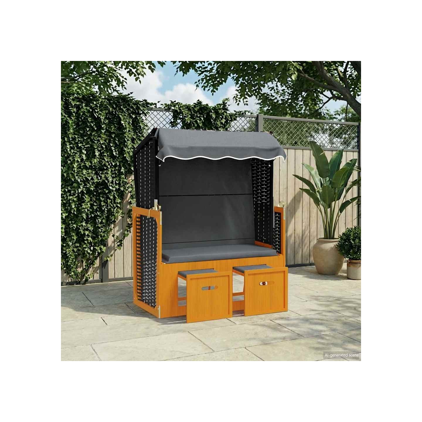 Strandkorb avec auvent résine tressée et bois solide anthracite