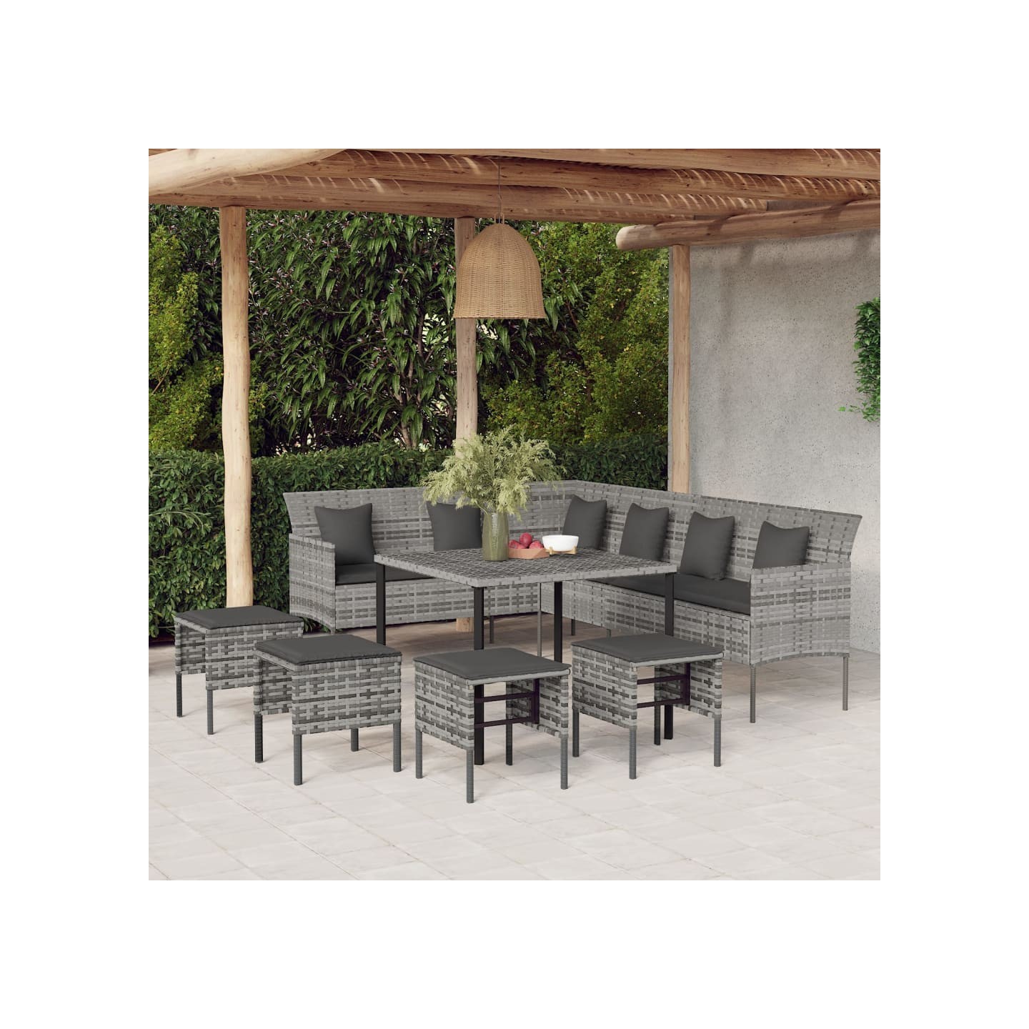 Ensemble à manger jardin 6pcs et coussins gris résine tressée