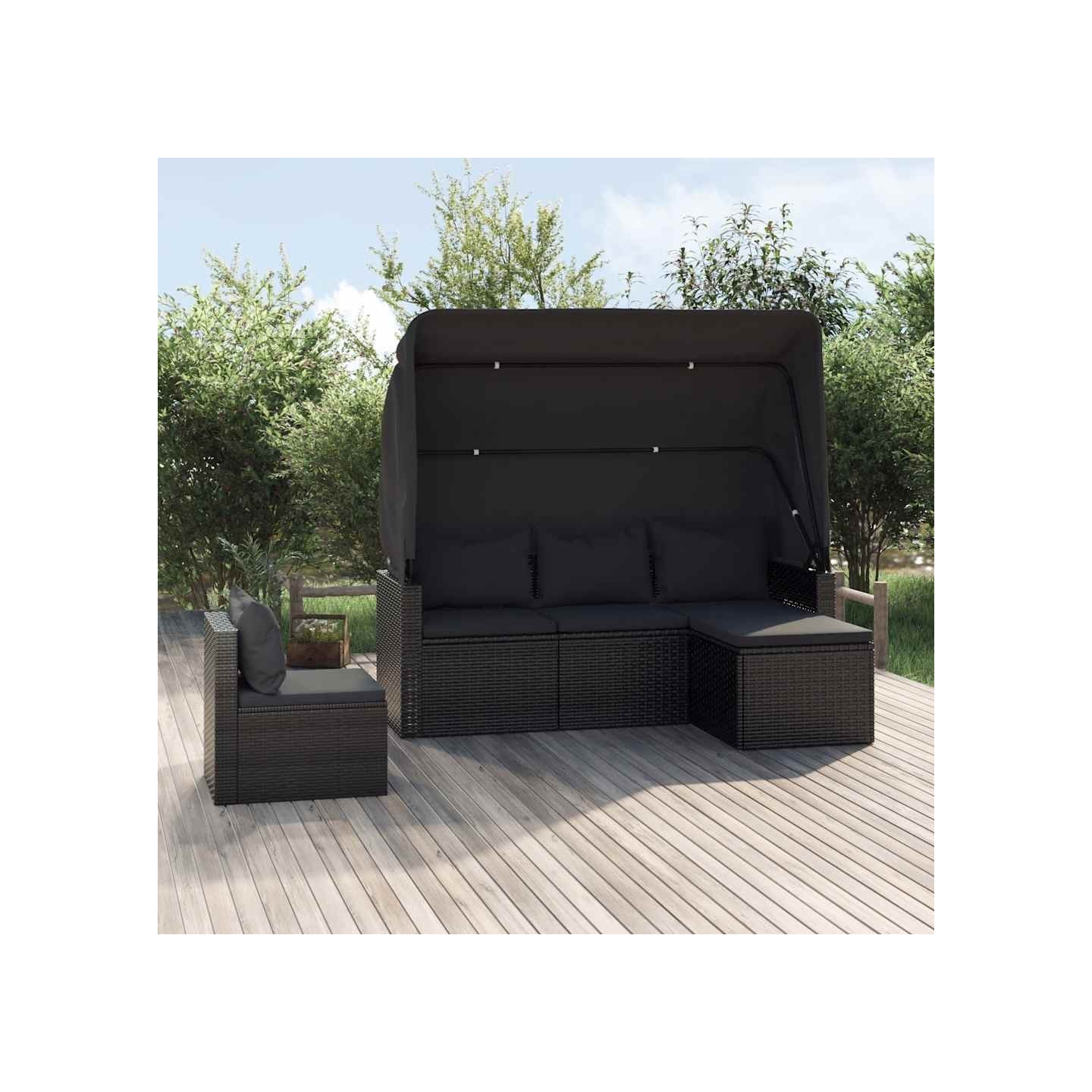 Salon de jardin 4 pcs avec coussins noir résine tressée