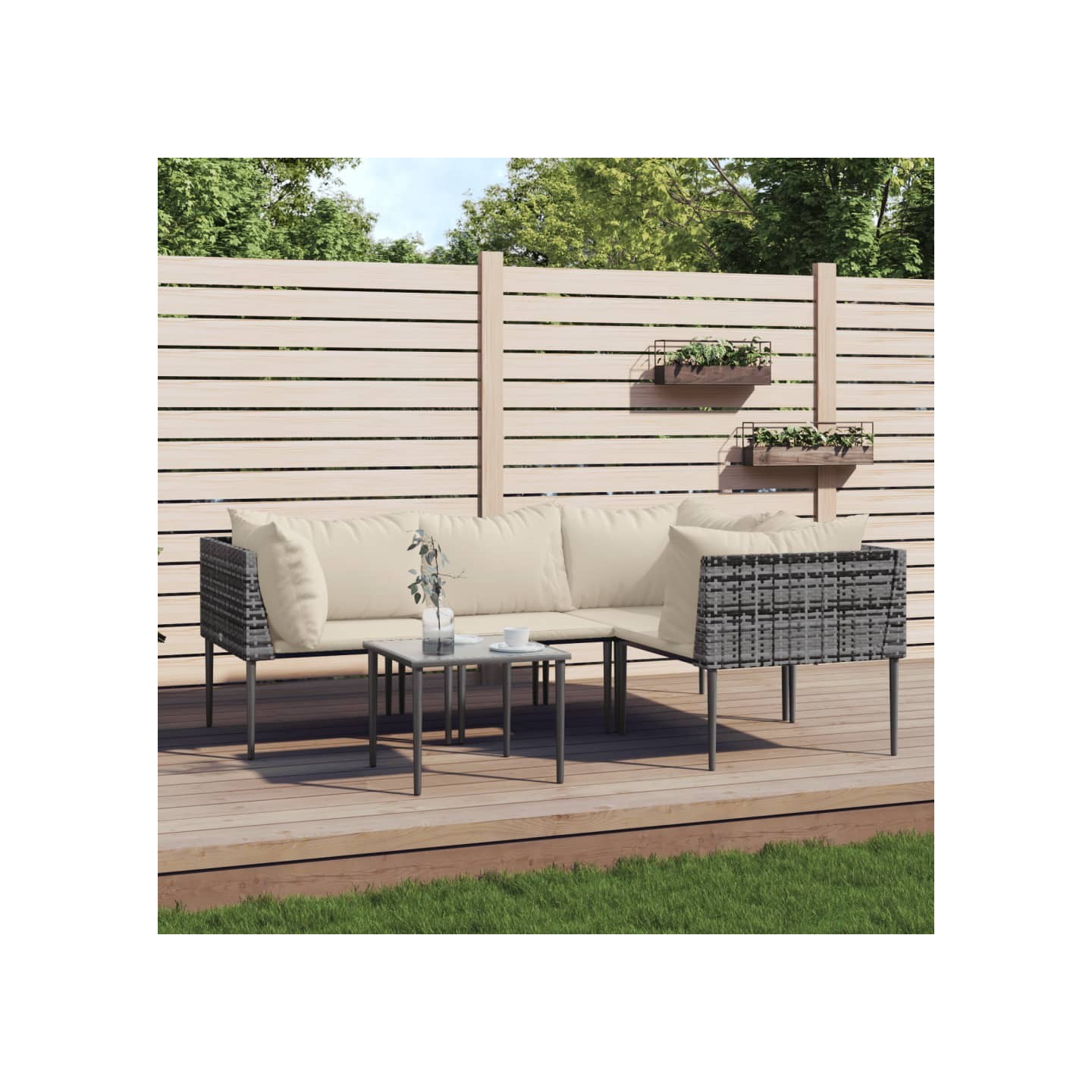 Salon de jardin 5 pcs avec coussins Gris Résine tressée