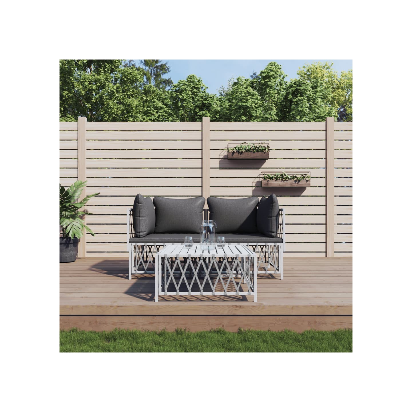 Salon de jardin avec coussins 3 pcs blanc acier