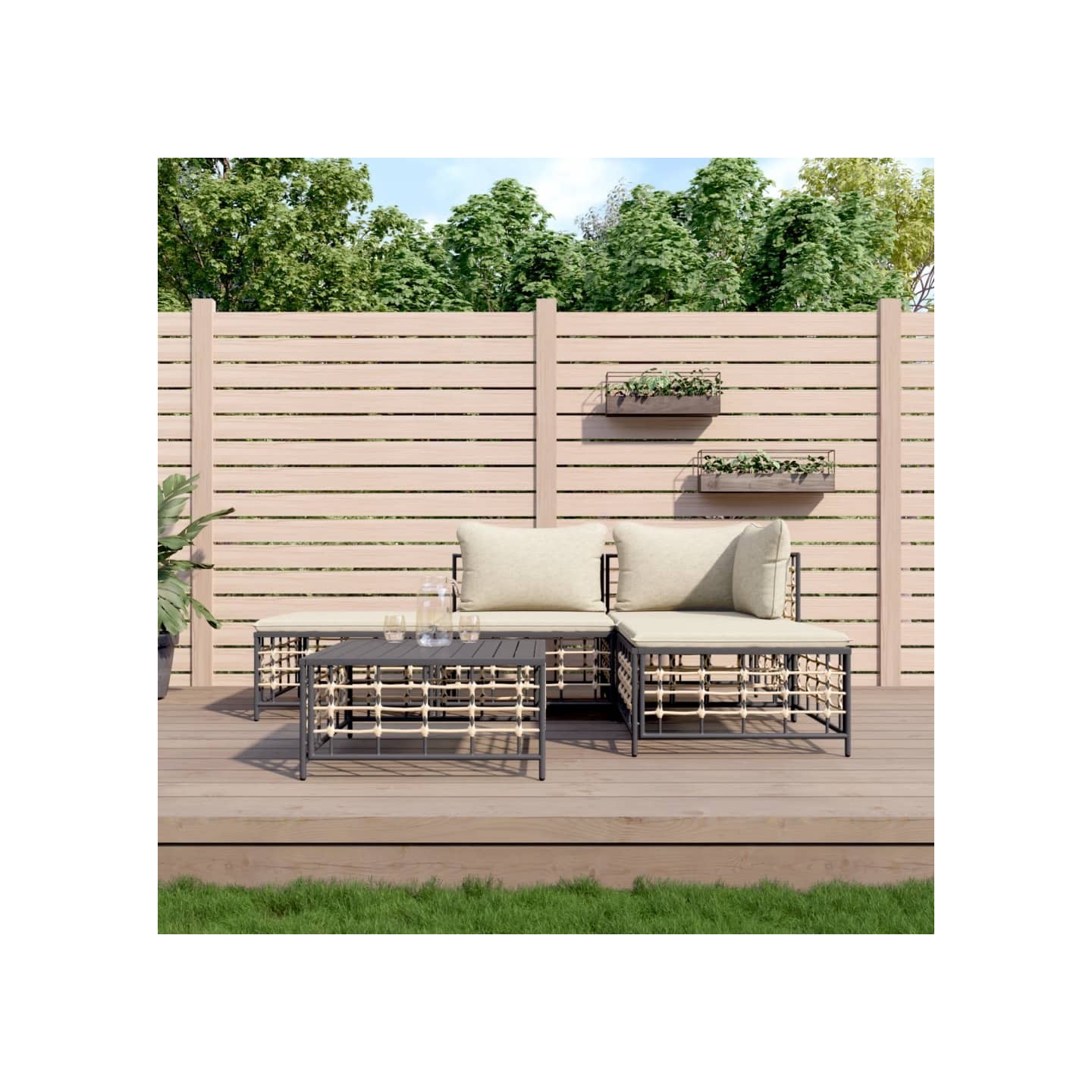 Salon de jardin 5 pcs avec coussins anthracite résine tressée