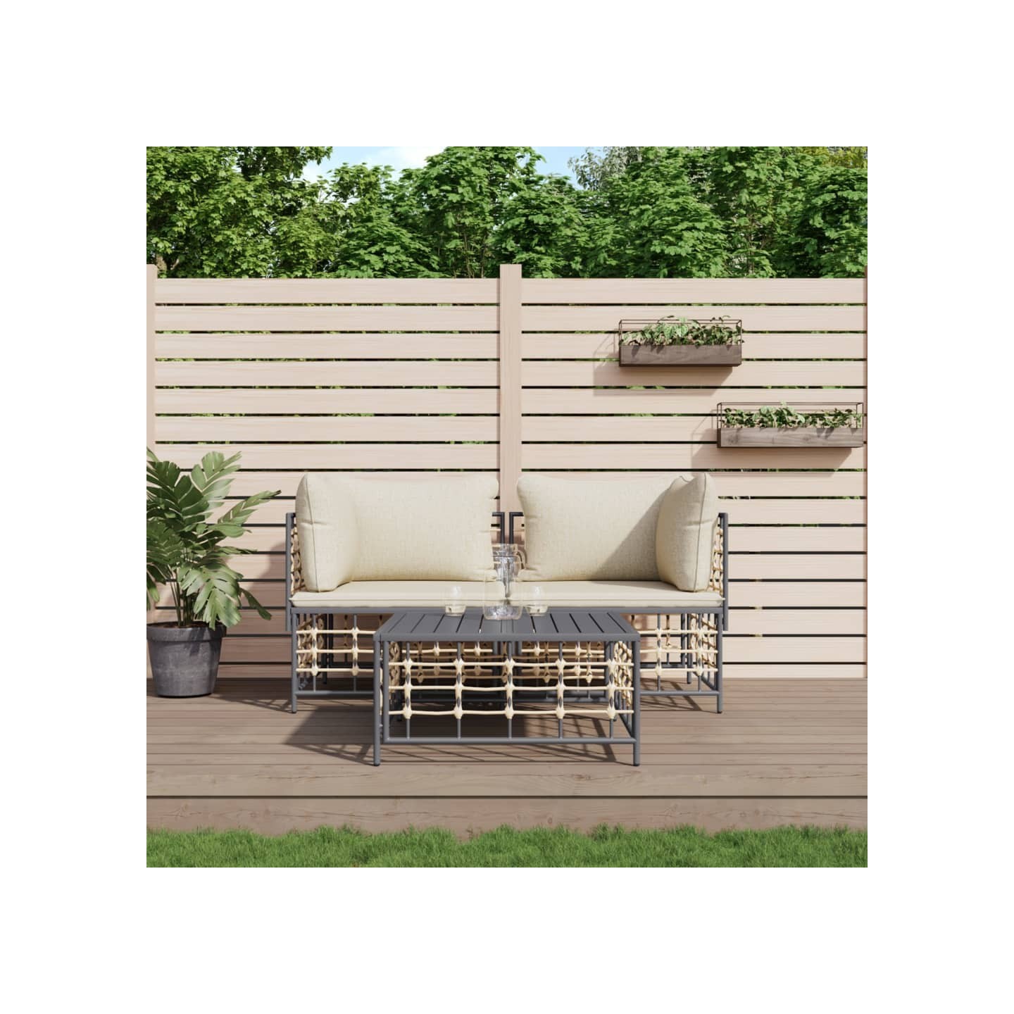 Salon de jardin 3 pcs avec coussins anthracite résine tressée