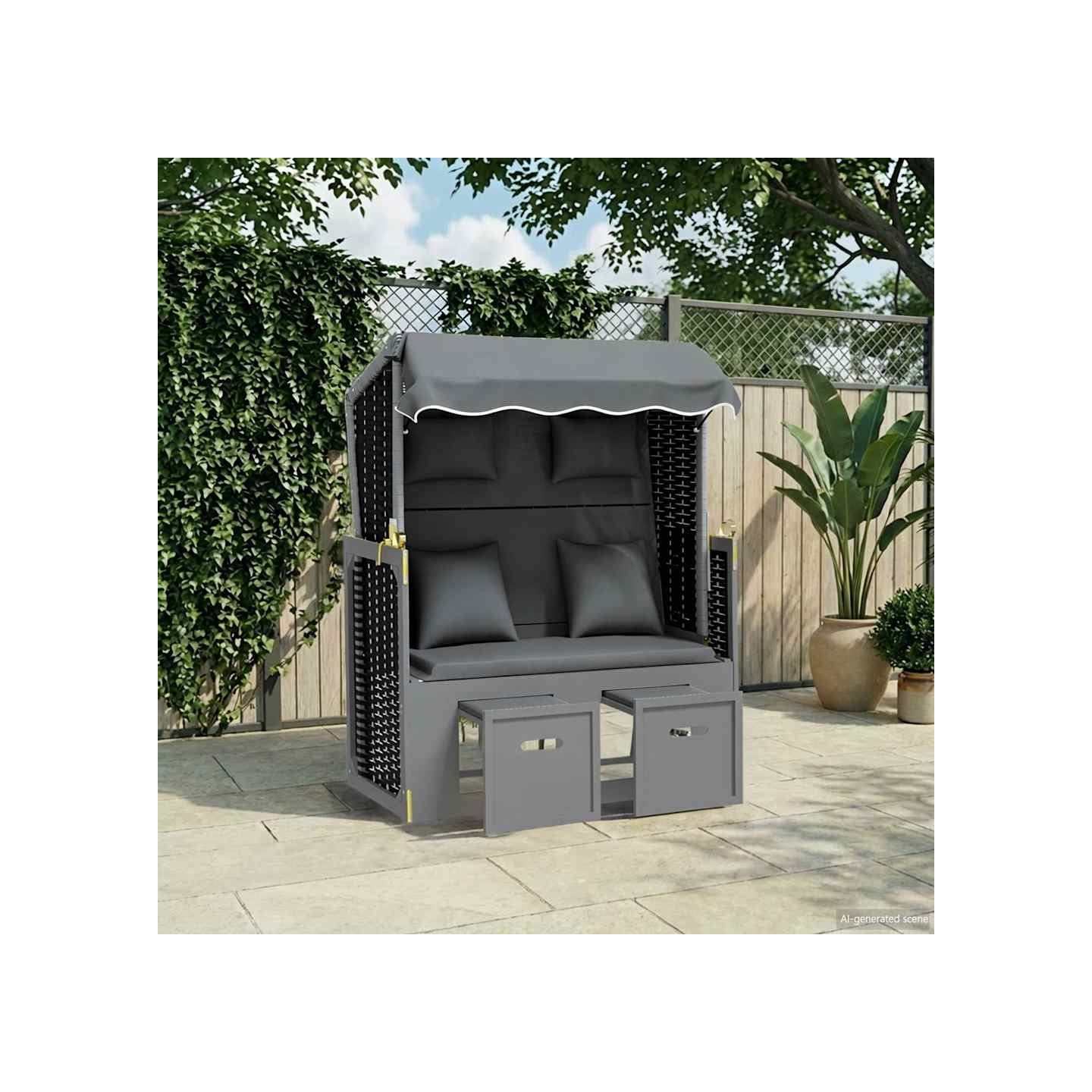 Strandkorb avec coussin poly rotin bois solide anthracite noir
