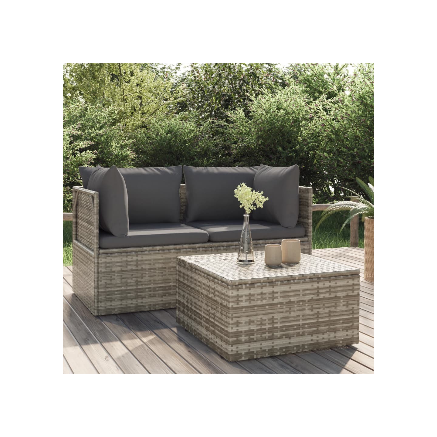 Salon de jardin 3 pcs avec coussins Gris Résine tressée