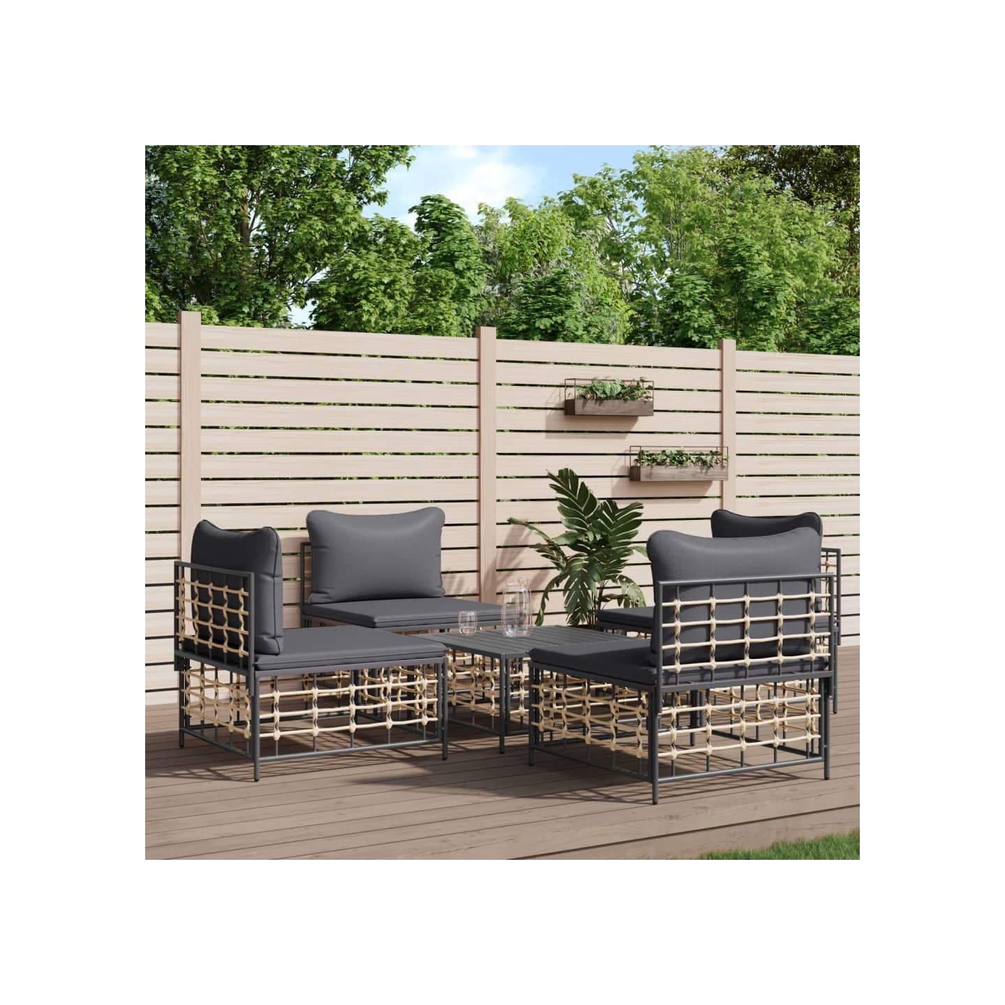 Salon de jardin 5 pcs avec coussins anthracite résine tressée