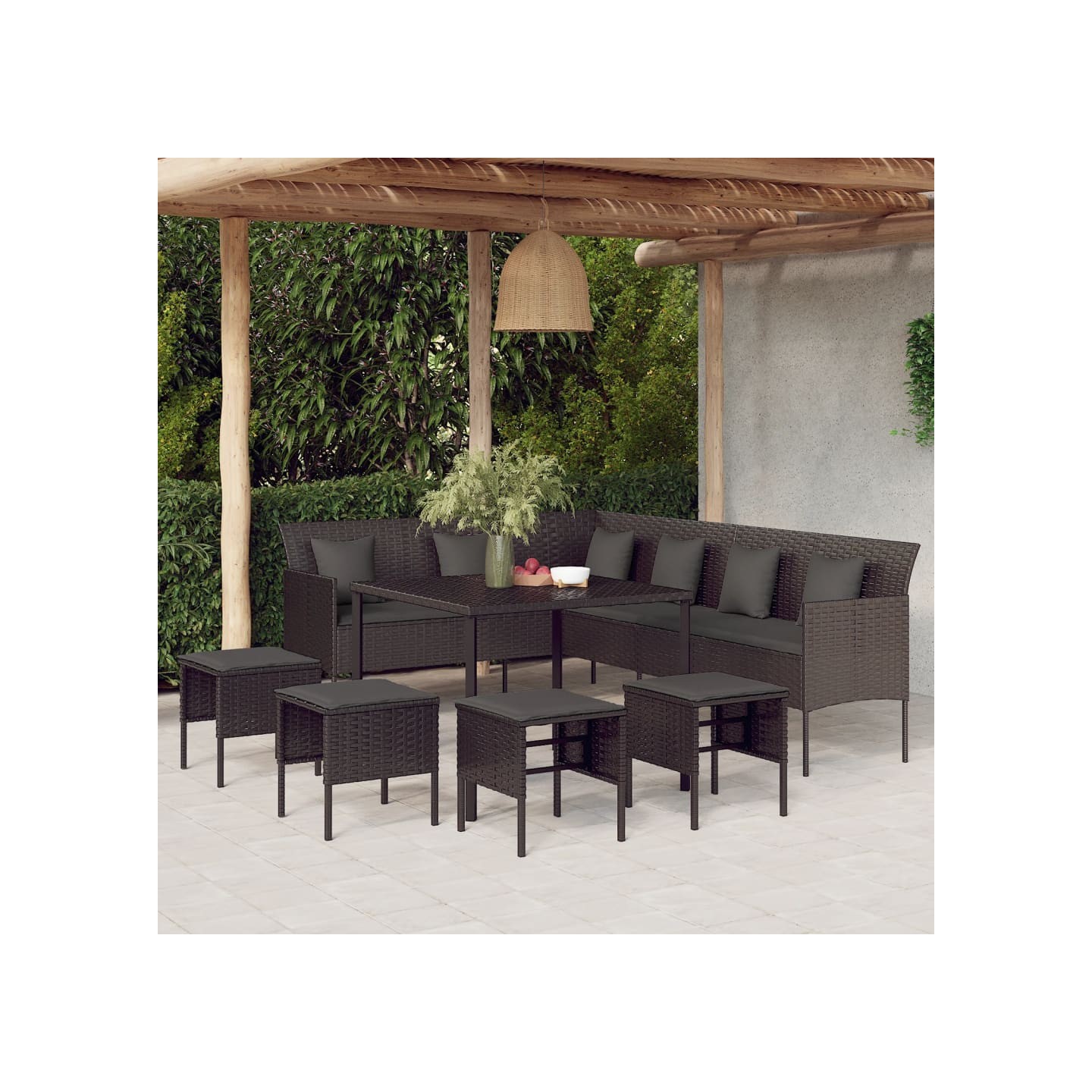 Ensemble à manger de jardin coussins 6pcs noir résine tressée