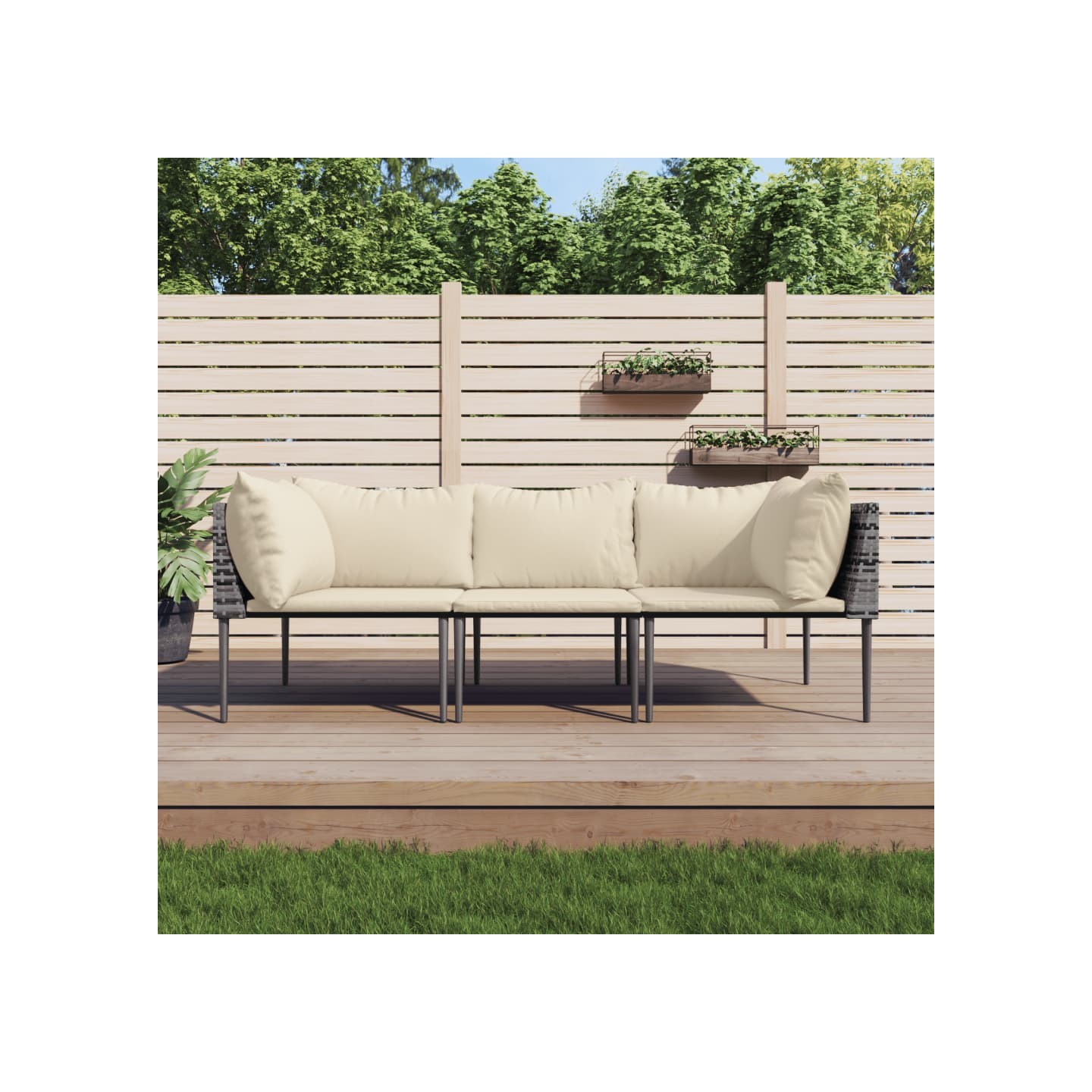 Salon de jardin 3 pcs avec coussins Gris Résine tressée