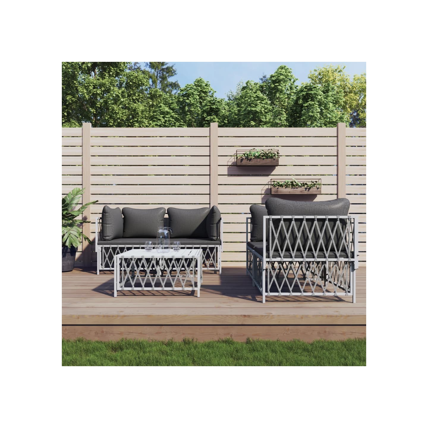 Salon de jardin avec coussins 5 pcs blanc acier