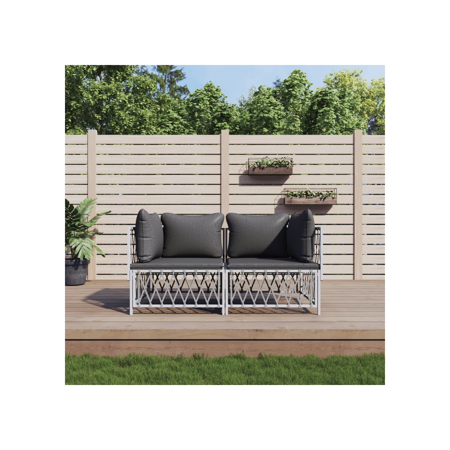 Salon de jardin avec coussins 2 pcs blanc acier