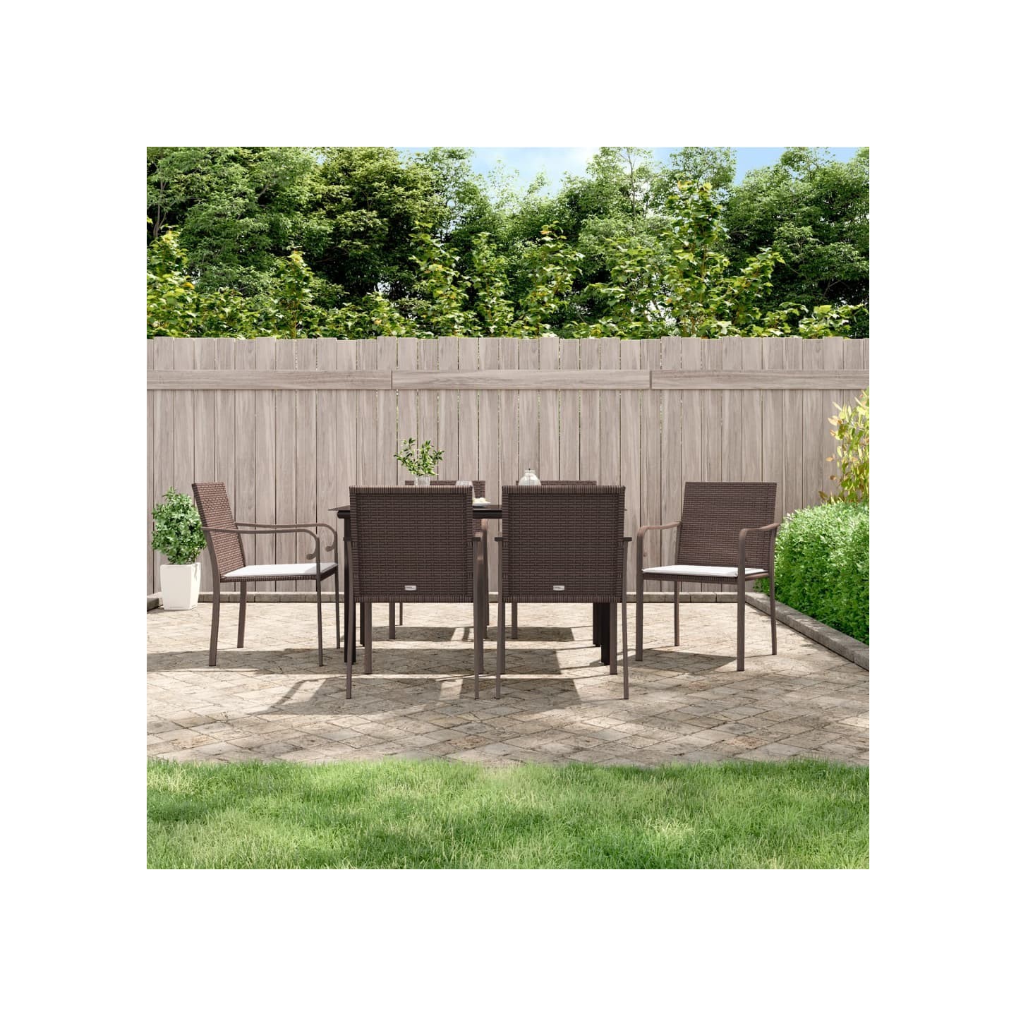 Ensemble à manger de jardin 7 pcs coussins résine tressée acier