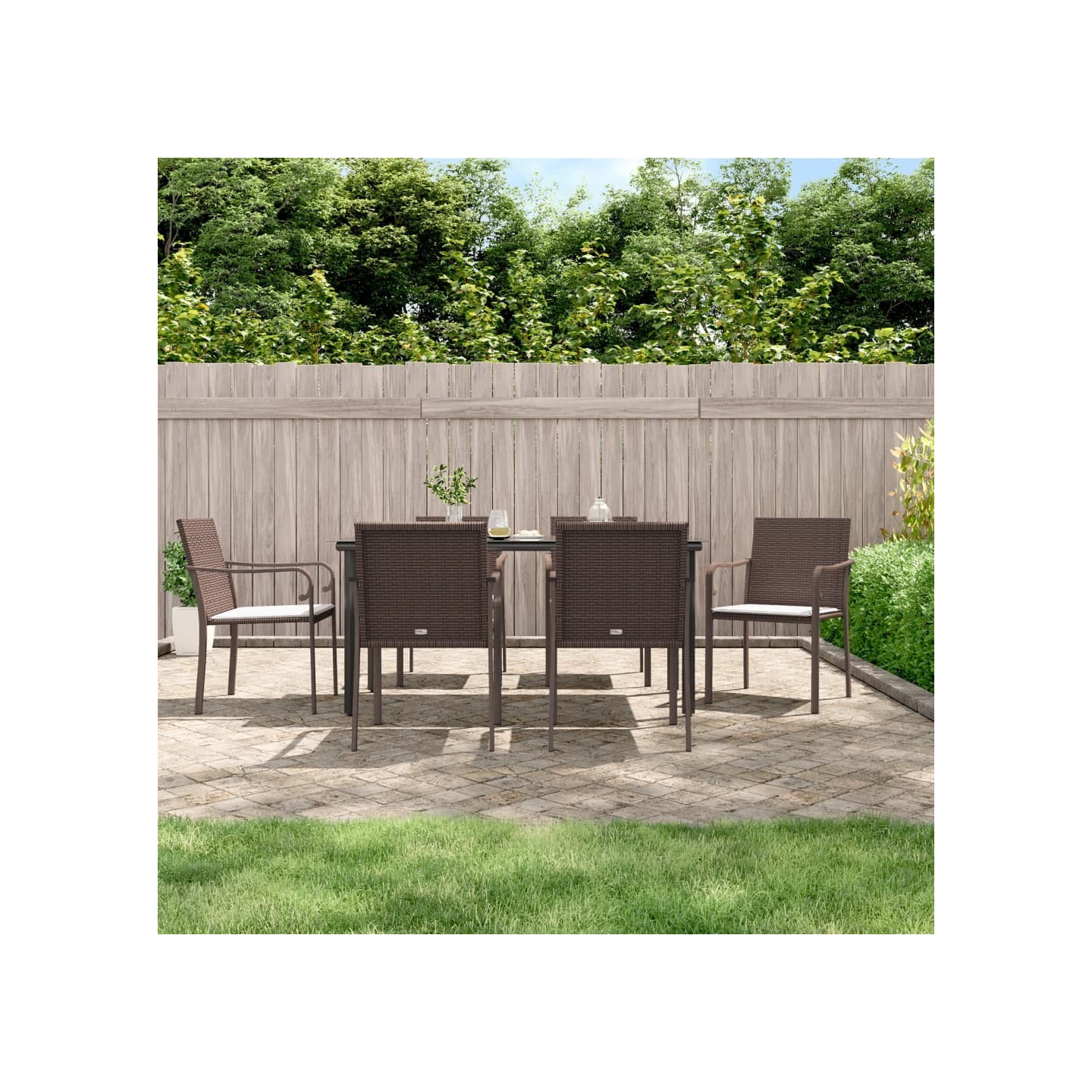 Ensemble à manger de jardin 7 pcs coussins résine tressée acier