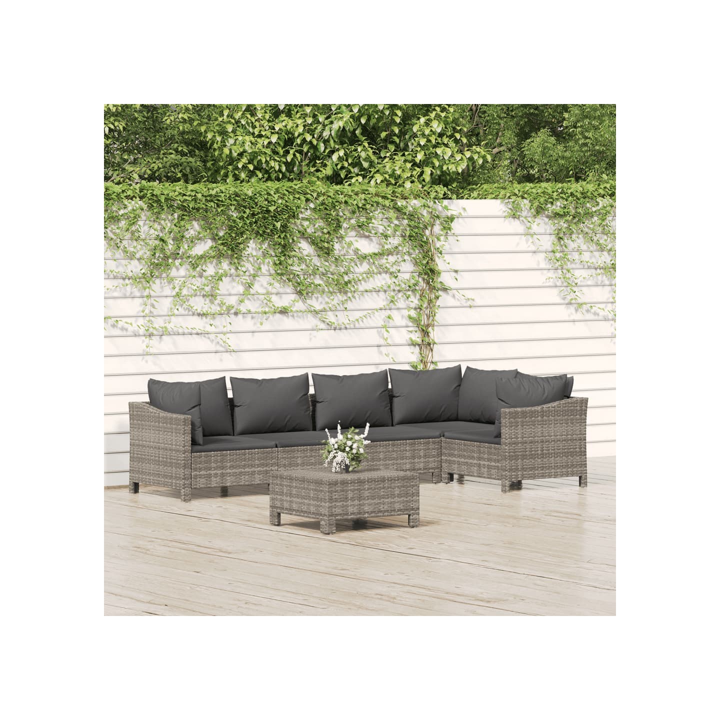 Salon de jardin 6 pcs avec coussins Gris Résine tressée