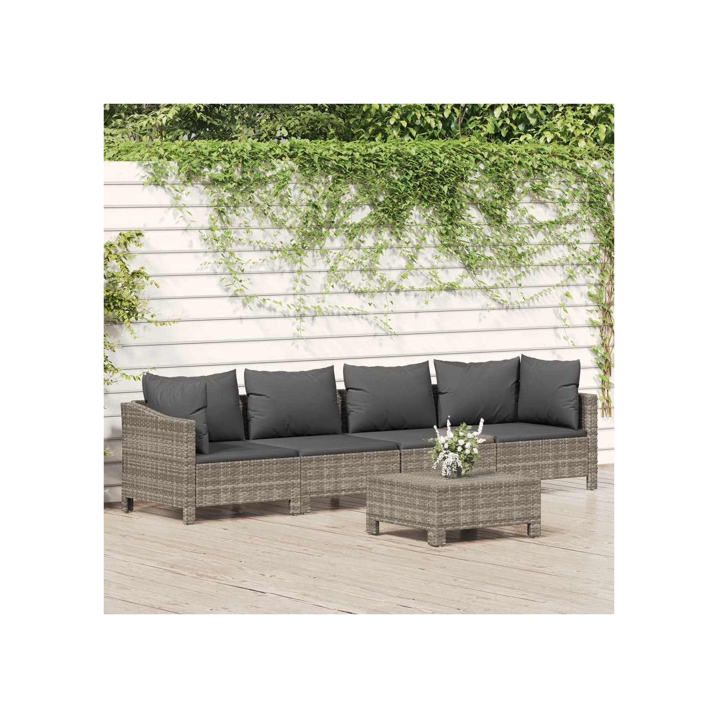 Salon de jardin 5 pcs avec coussins Gris Résine tressée