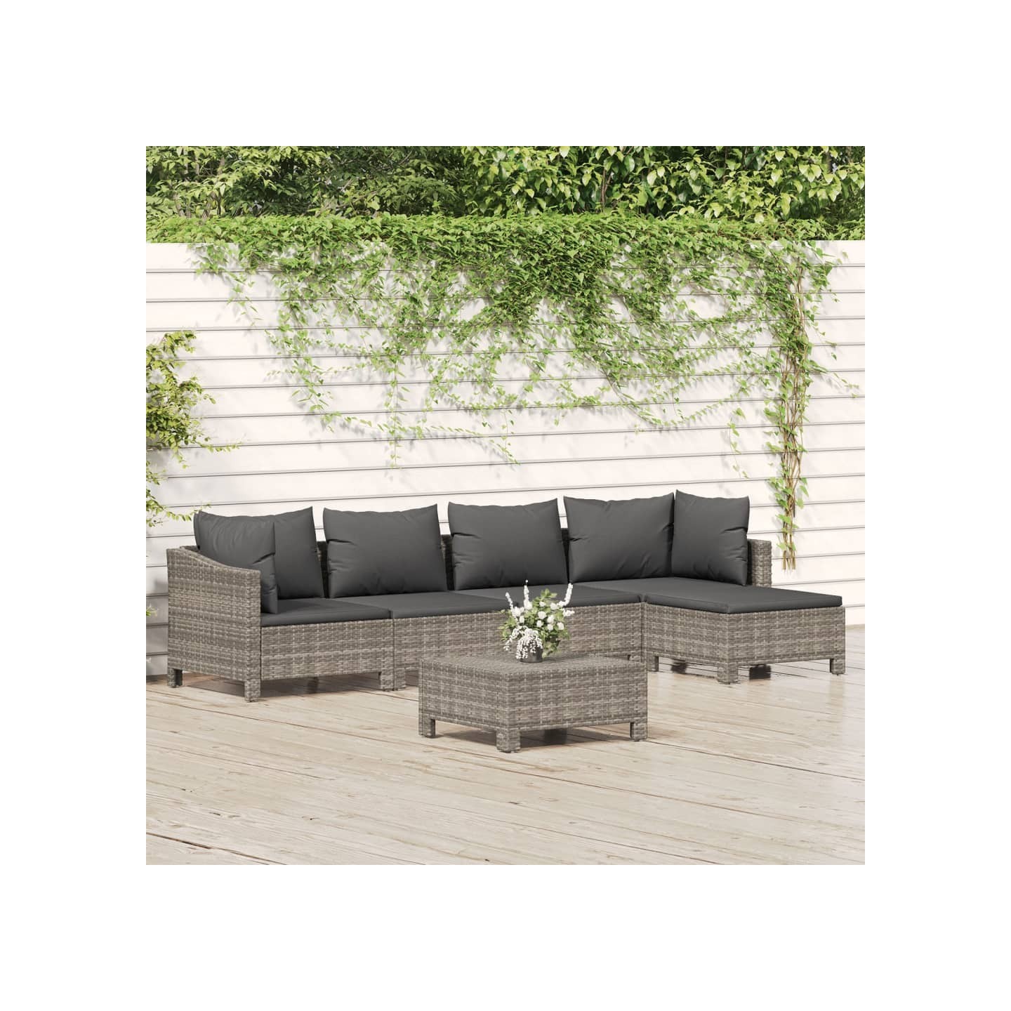 Salon de jardin 6 pcs avec coussins Gris Résine tressée