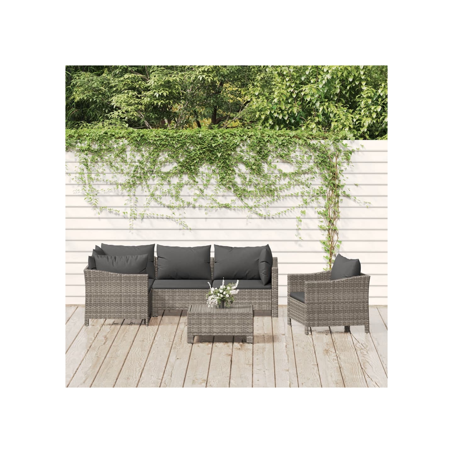 Salon de jardin 6 pcs avec coussins Gris Résine tressée