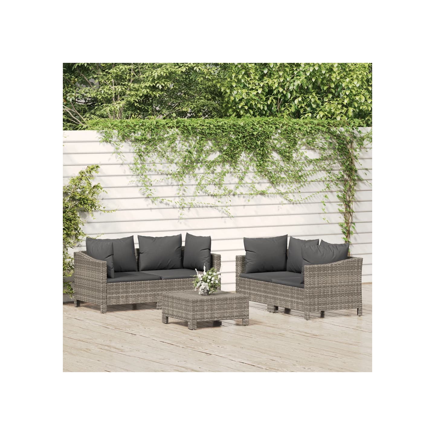 Salon de jardin 5 pcs avec coussins Gris Résine tressée