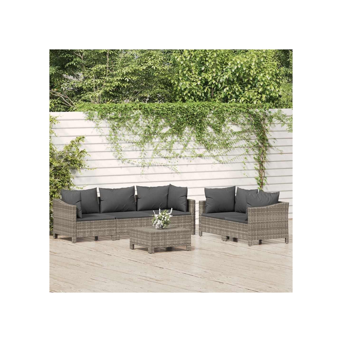 Salon de jardin 6 pcs avec coussins Gris Résine tressée