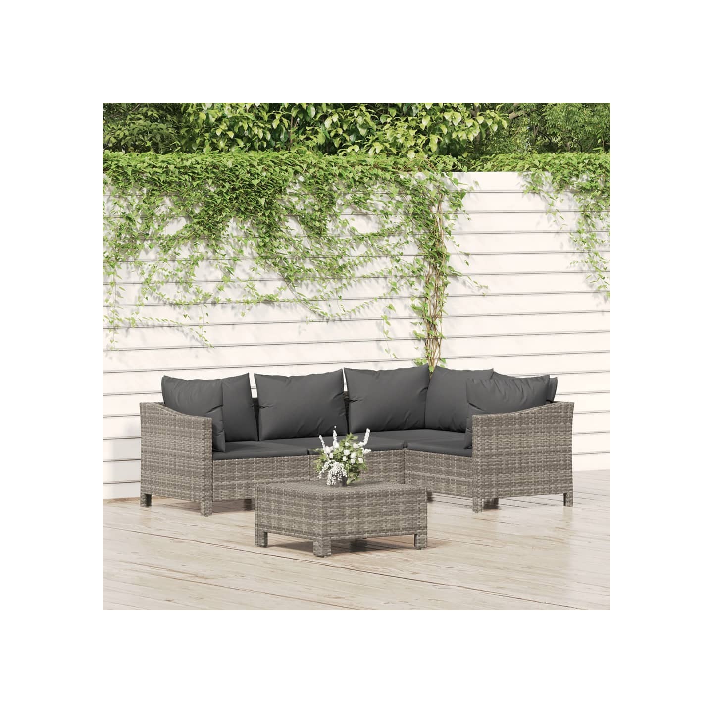 Salon de jardin 5 pcs avec coussins Gris Résine tressée
