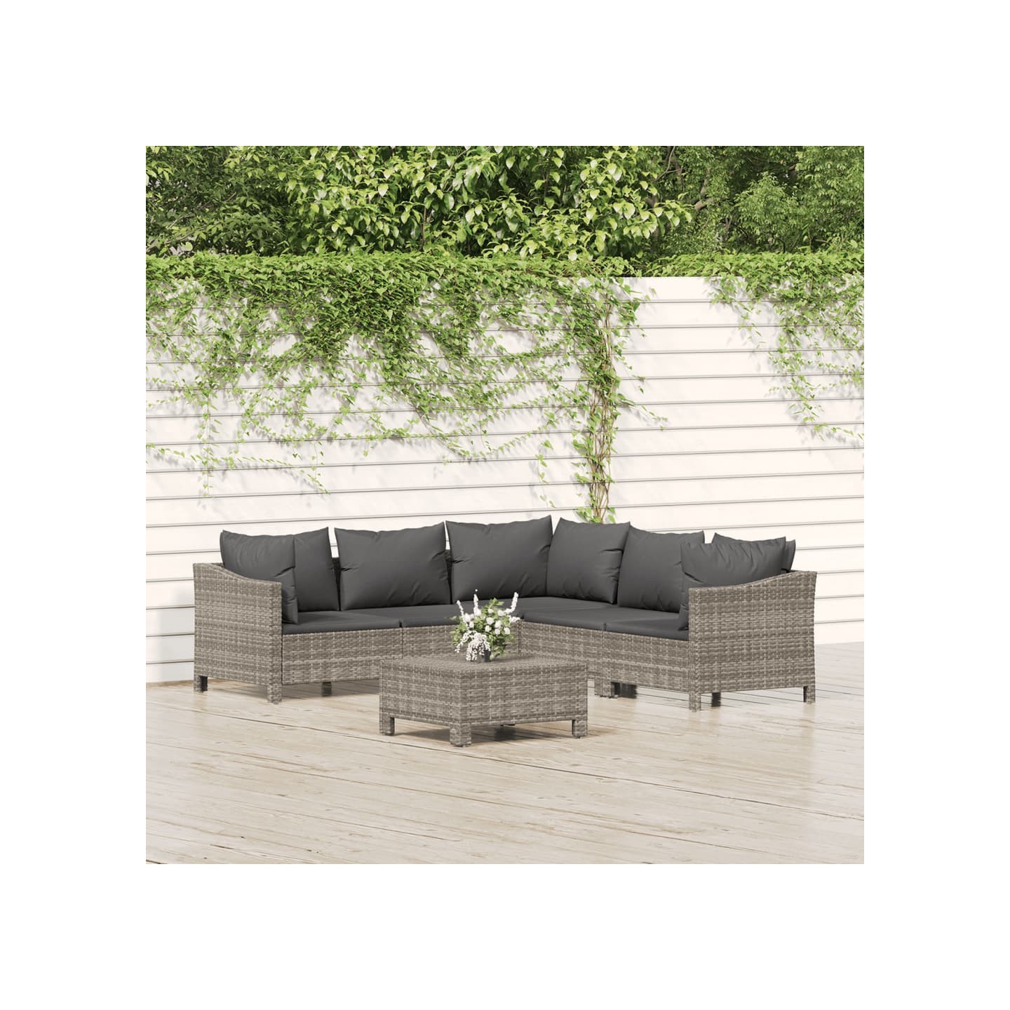 Salon de jardin 6 pcs avec coussins Gris Résine tressée