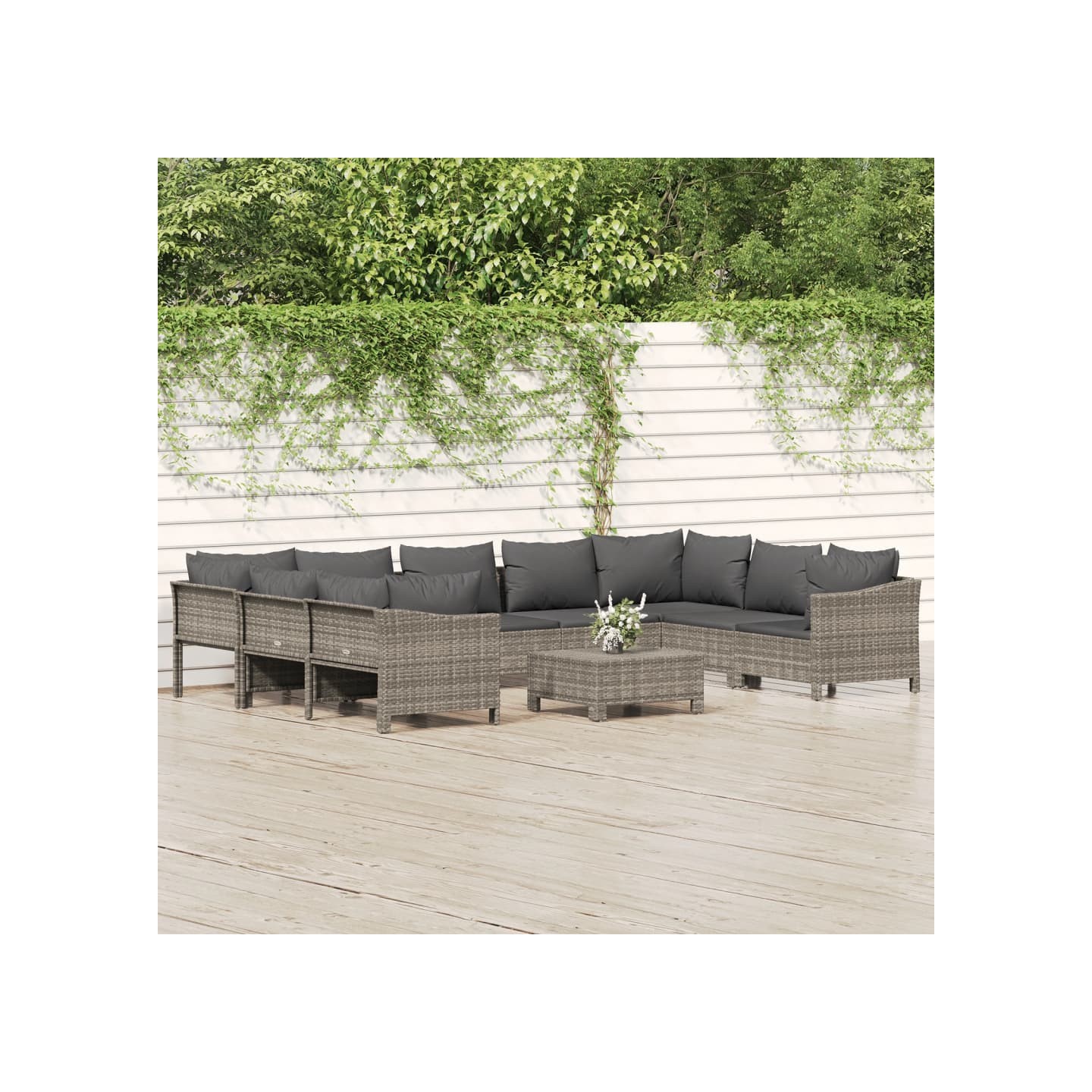 Salon de jardin 10 pcs avec coussins Gris Résine tressée