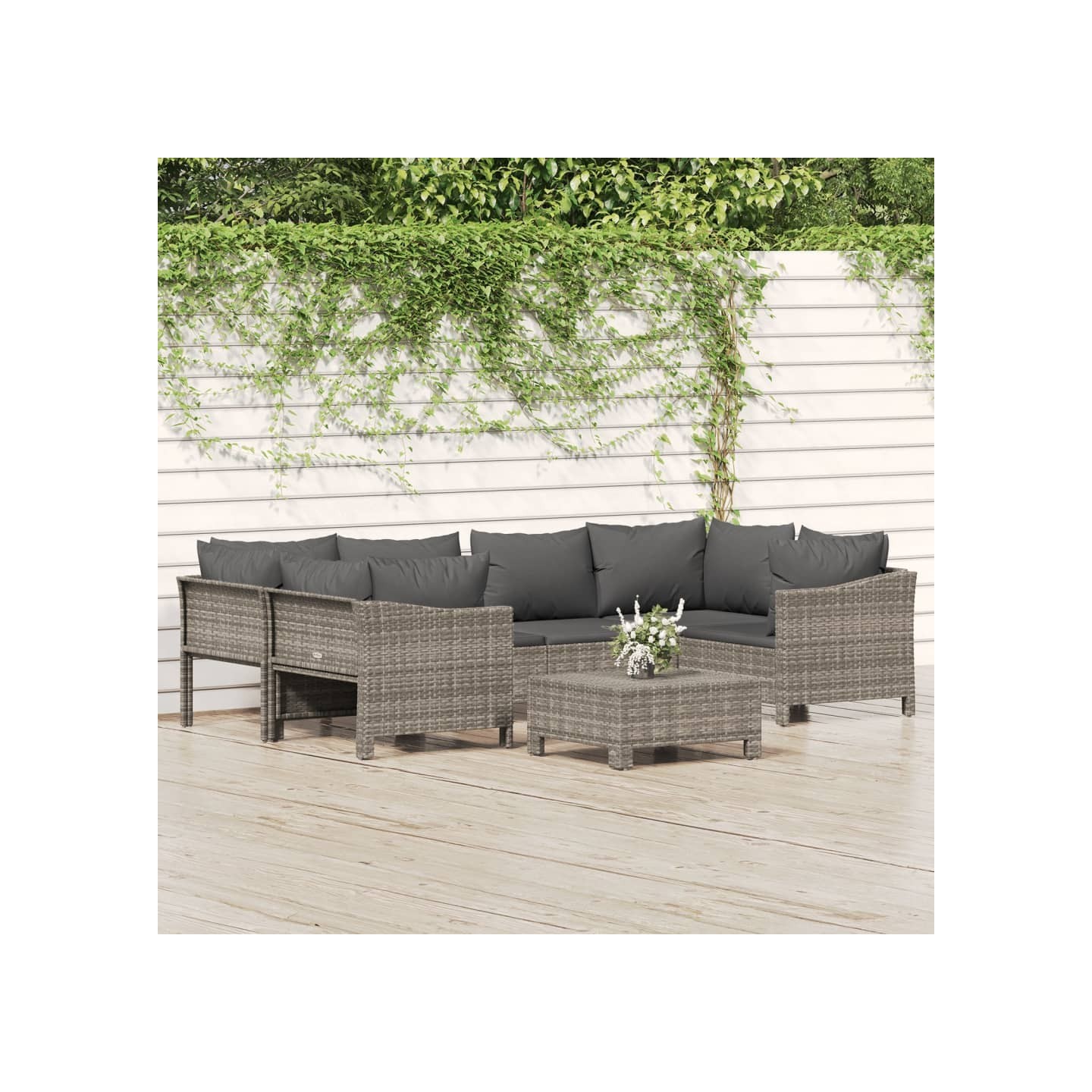 Salon de jardin 7 pcs avec coussins Gris Résine tressée