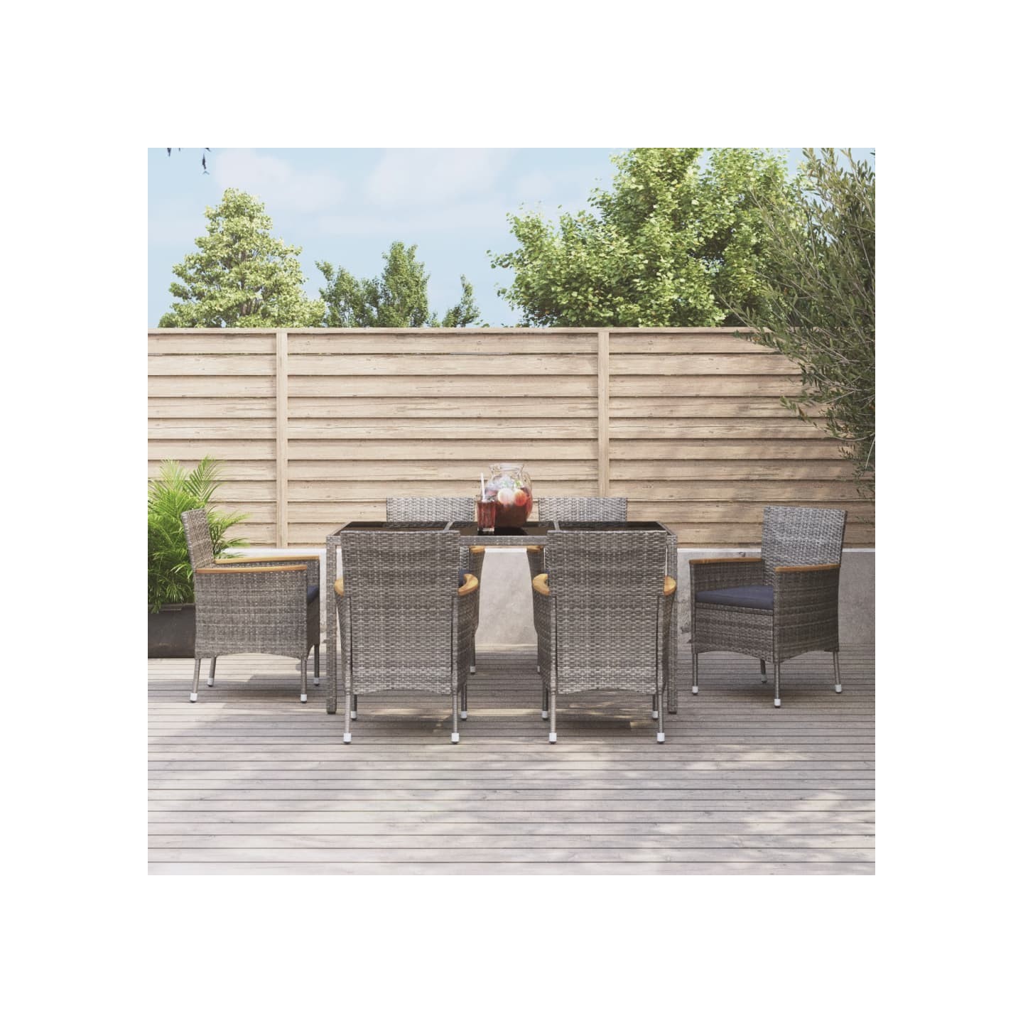 Ensemble à manger jardin et coussins 7 pcs gris rotin