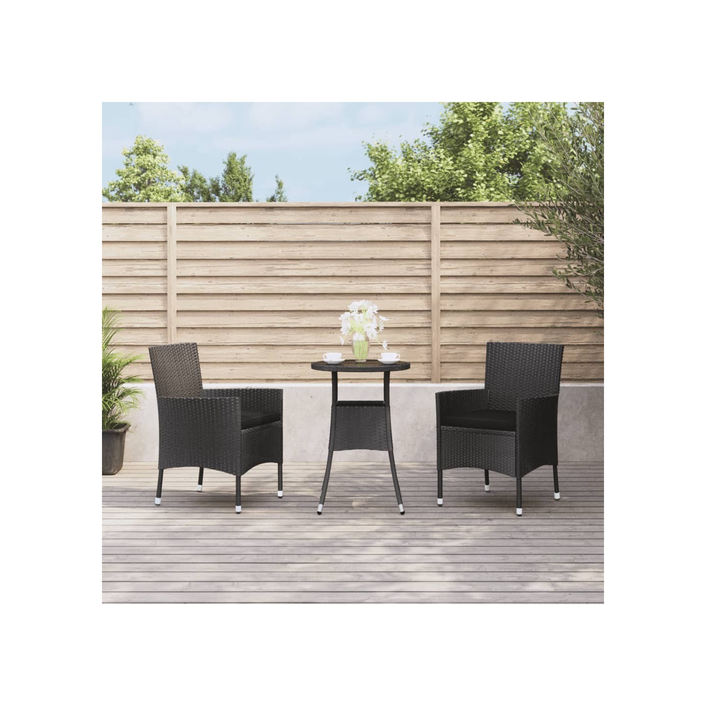 Ensemble de bistro de jardin 3 pcs coussins noir poly rotin