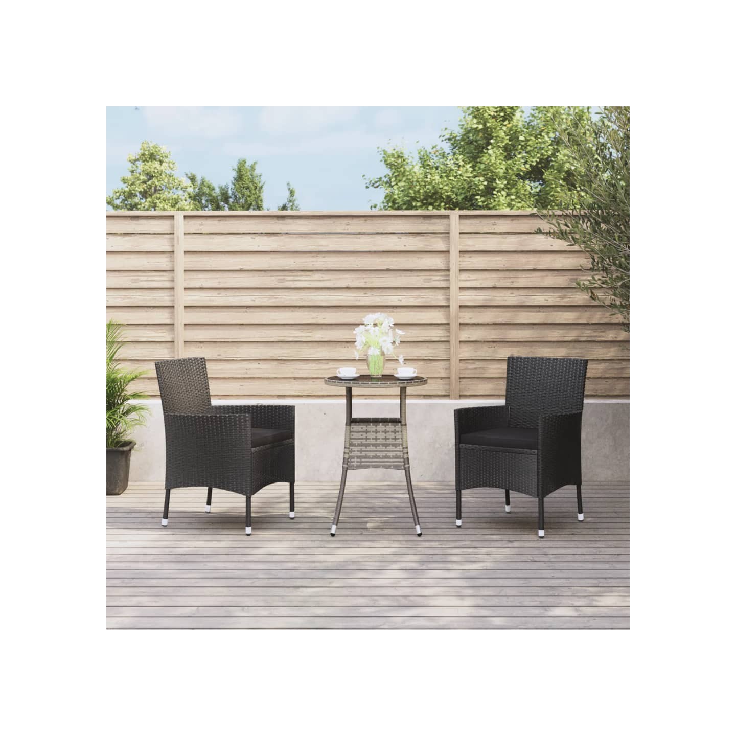 Ensemble de bistro de jardin 3 pcs coussins noir poly rotin
