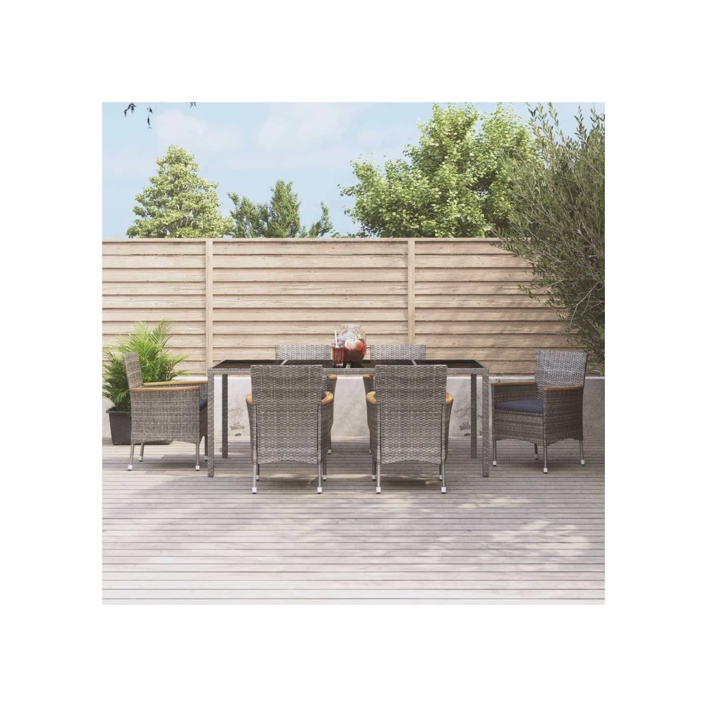 Ensemble à manger jardin et coussins 7 pcs gris rotin