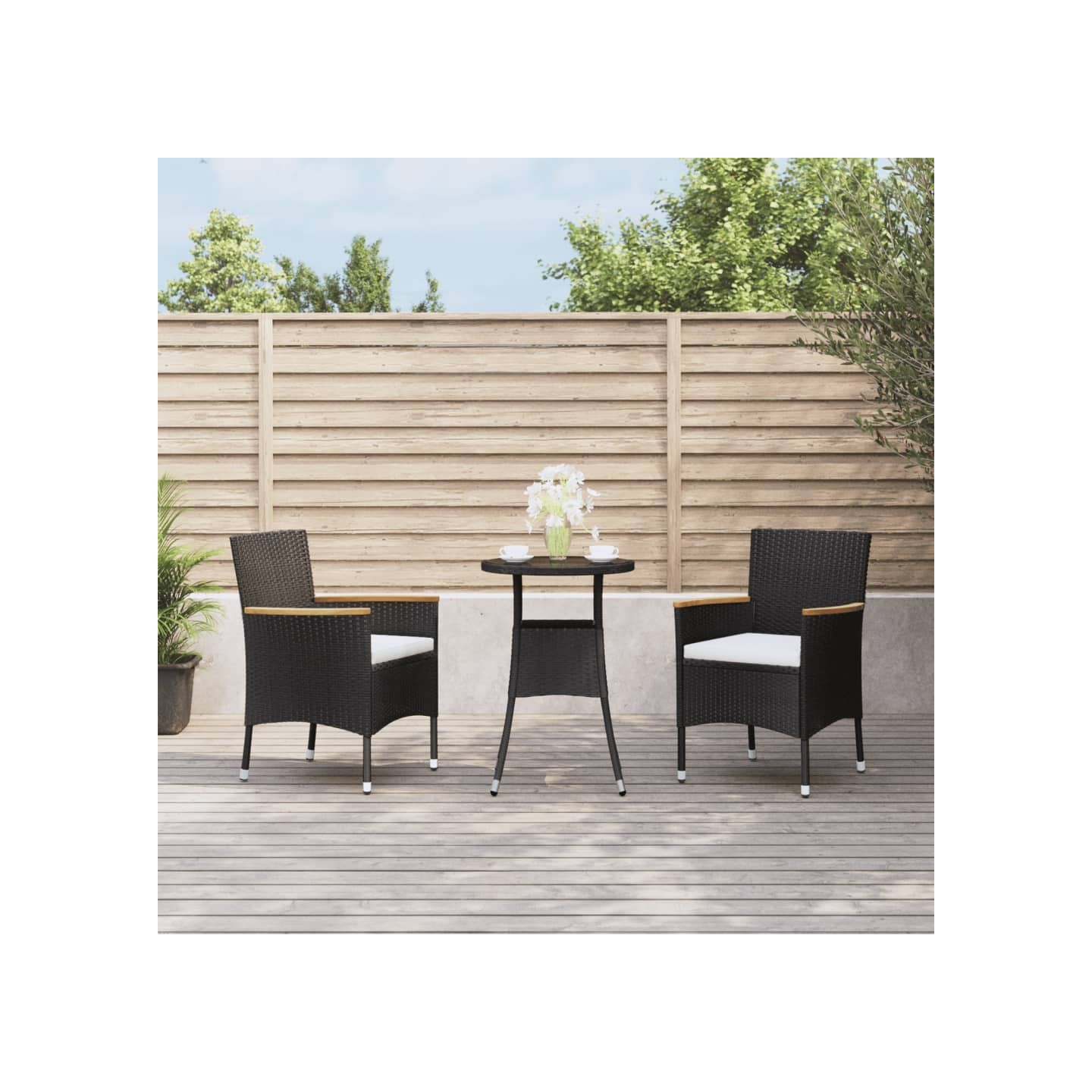 Ensemble de bistro de jardin 3 pcs coussins noir poly rotin