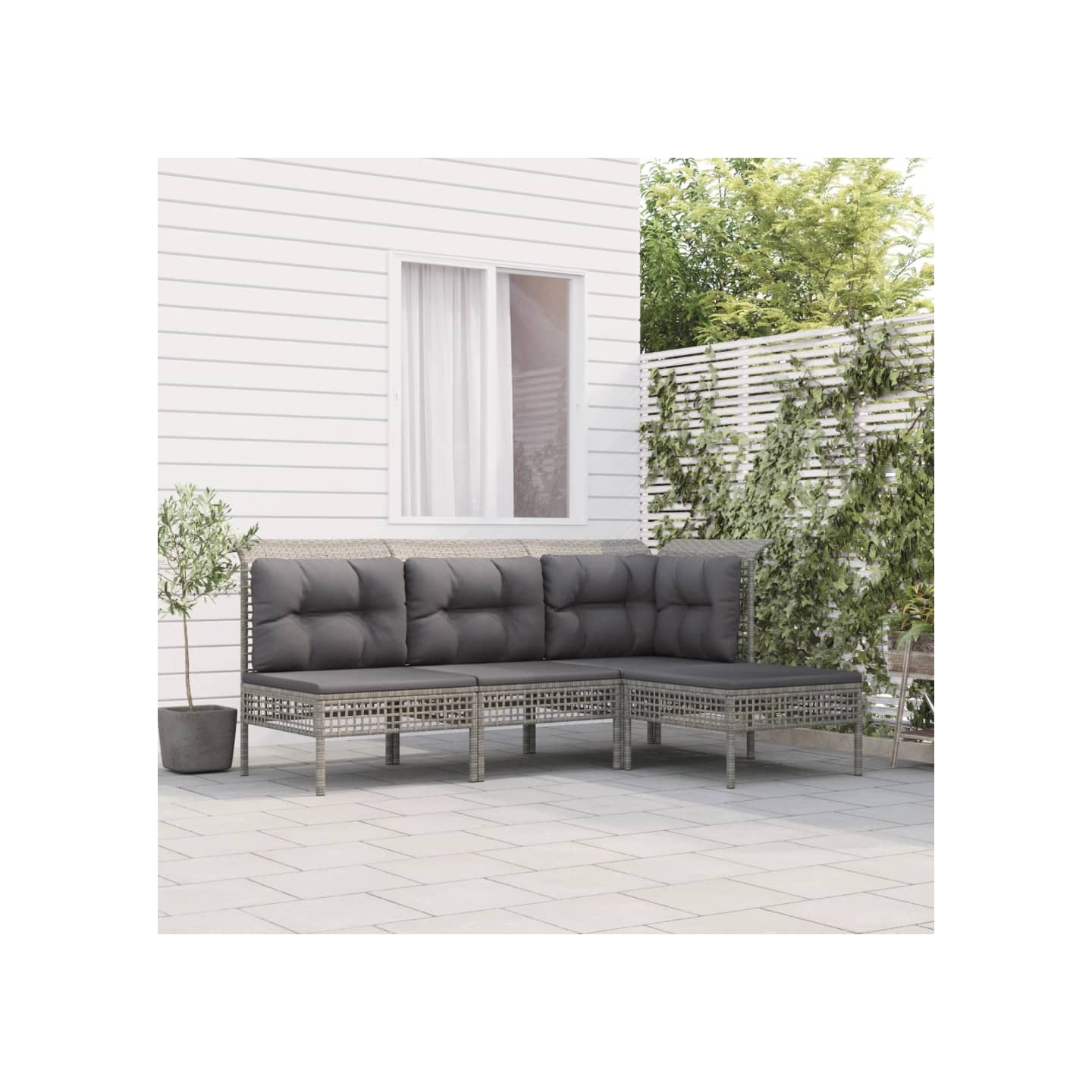 Salon de jardin 4 pcs avec coussins Gris Résine tressée