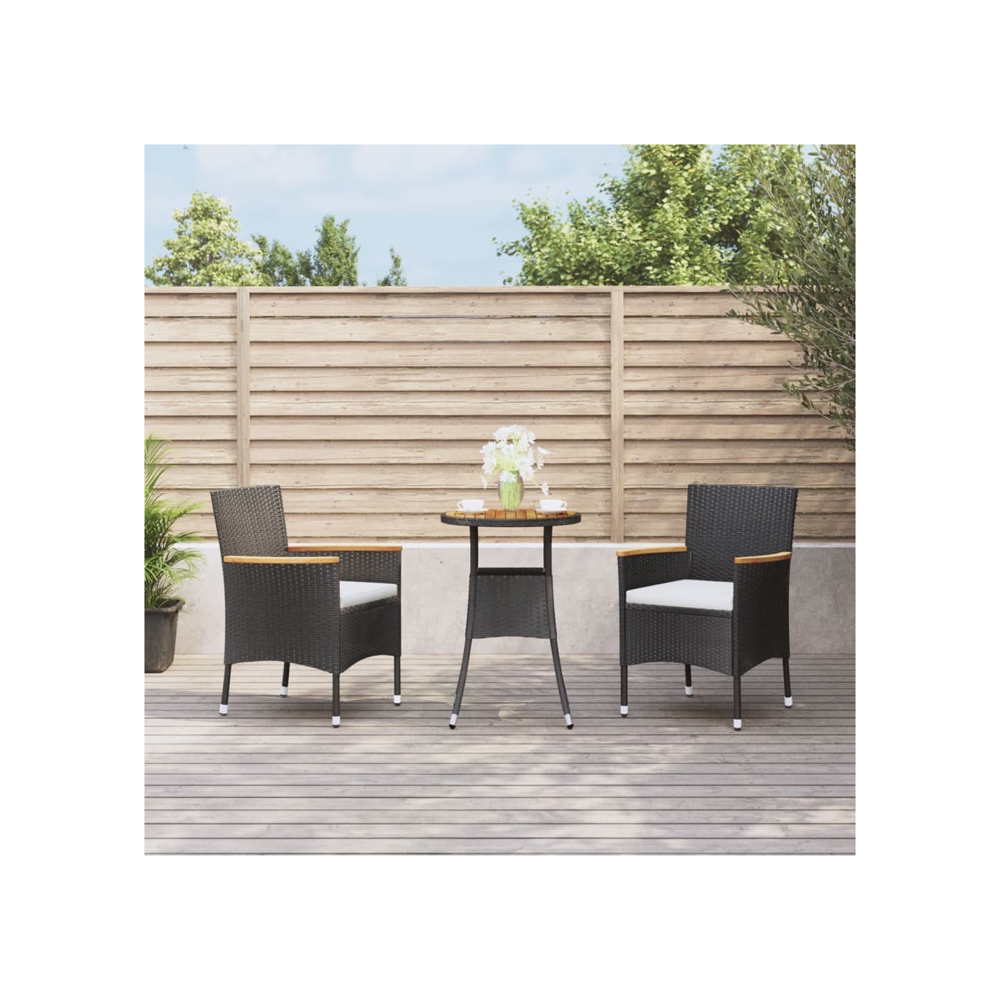 Ensemble de bistro de jardin 3 pcs coussins noir poly rotin