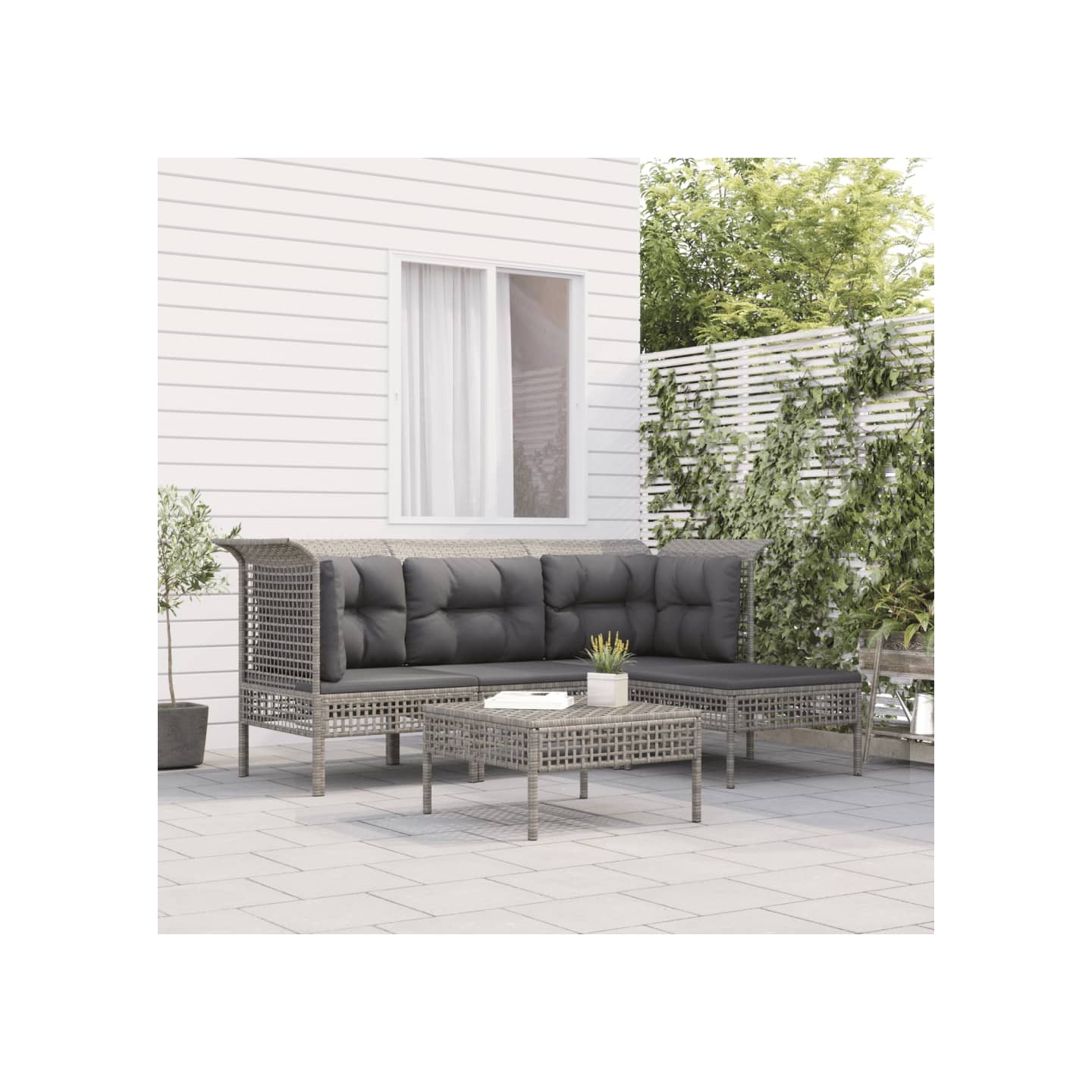 Salon de jardin 5 pcs avec coussins Gris Résine tressée