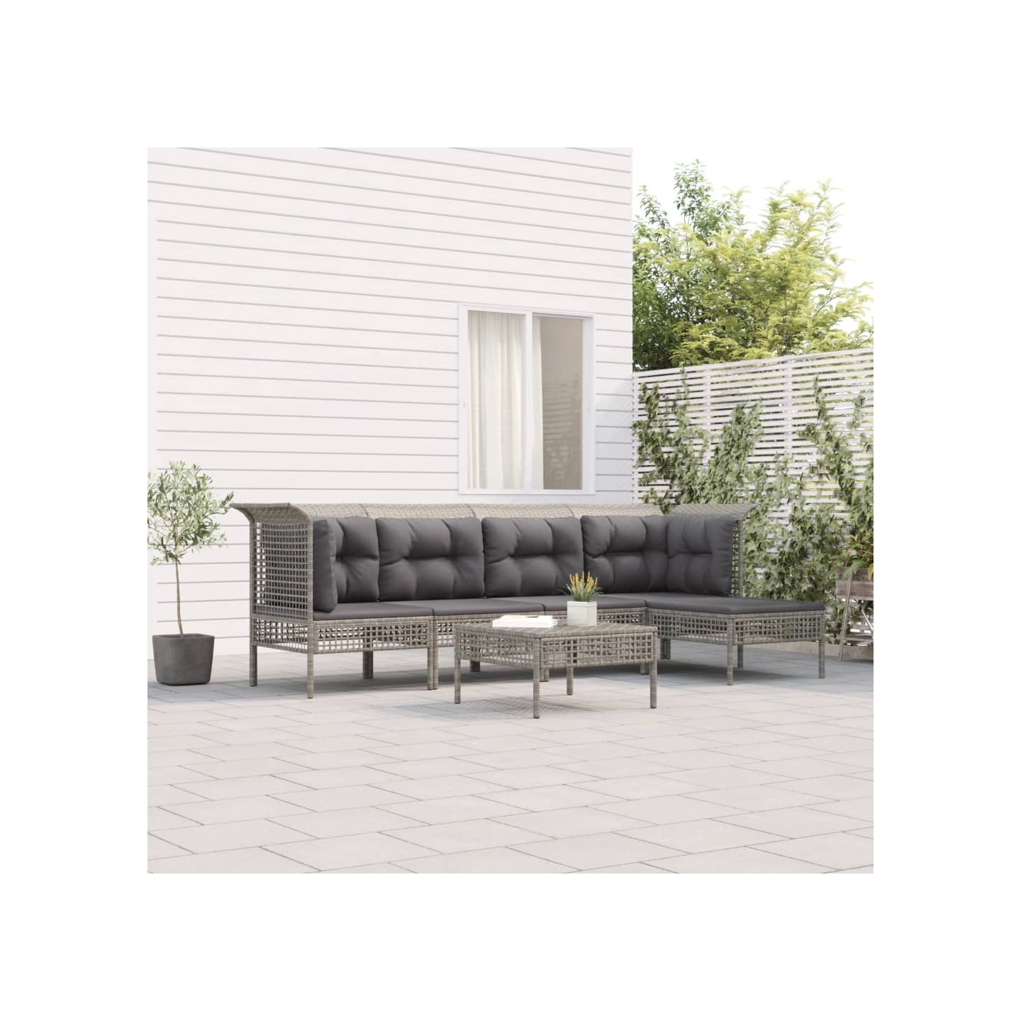 Salon de jardin 6 pcs avec coussins Gris Résine tressée